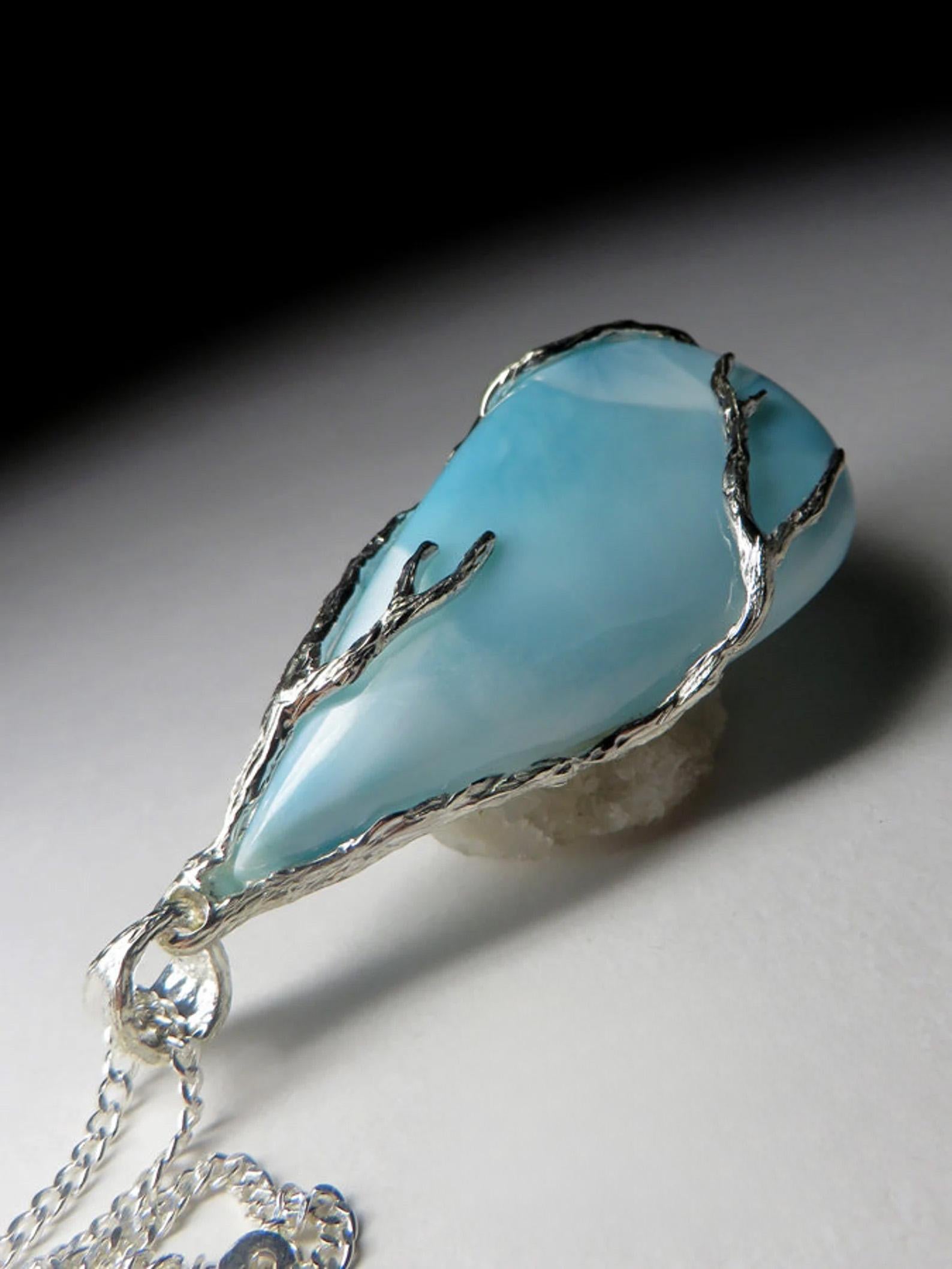 Larimar Silver Pendant gift necklace Blue Natural Gemstone gift In New Condition For Sale In Berlin, DE