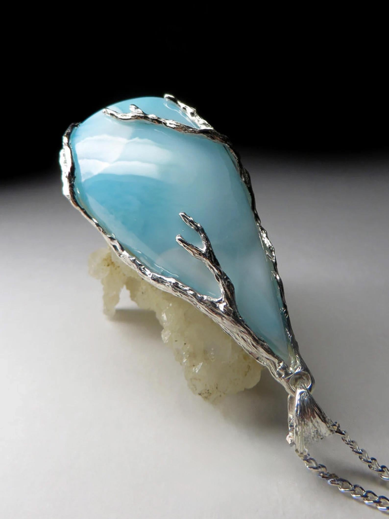 Women's or Men's Larimar Silver Pendant gift necklace Blue Natural Gemstone gift For Sale