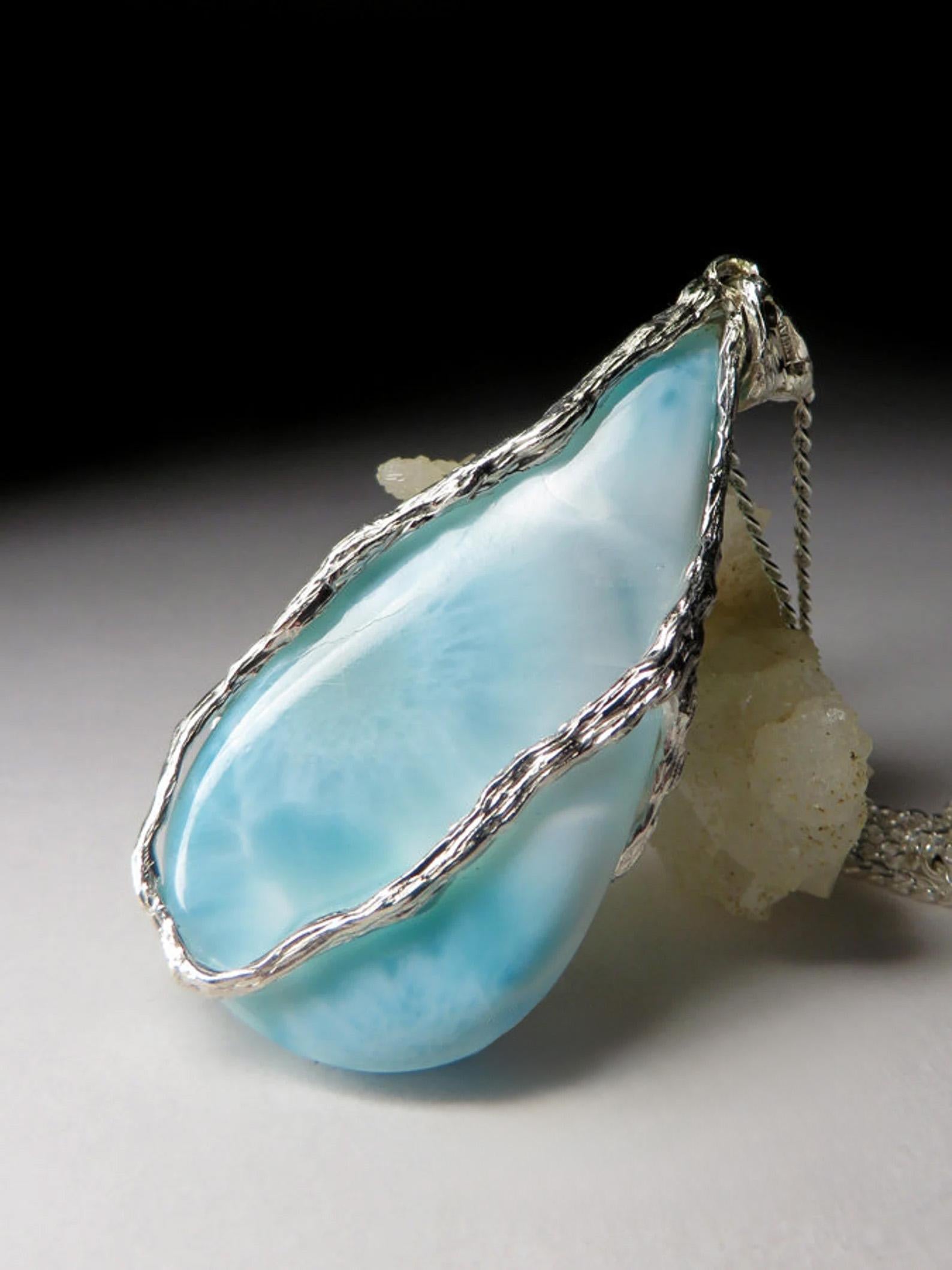 Larimar Silver Pendant gift necklace Blue Natural Gemstone gift For Sale 1