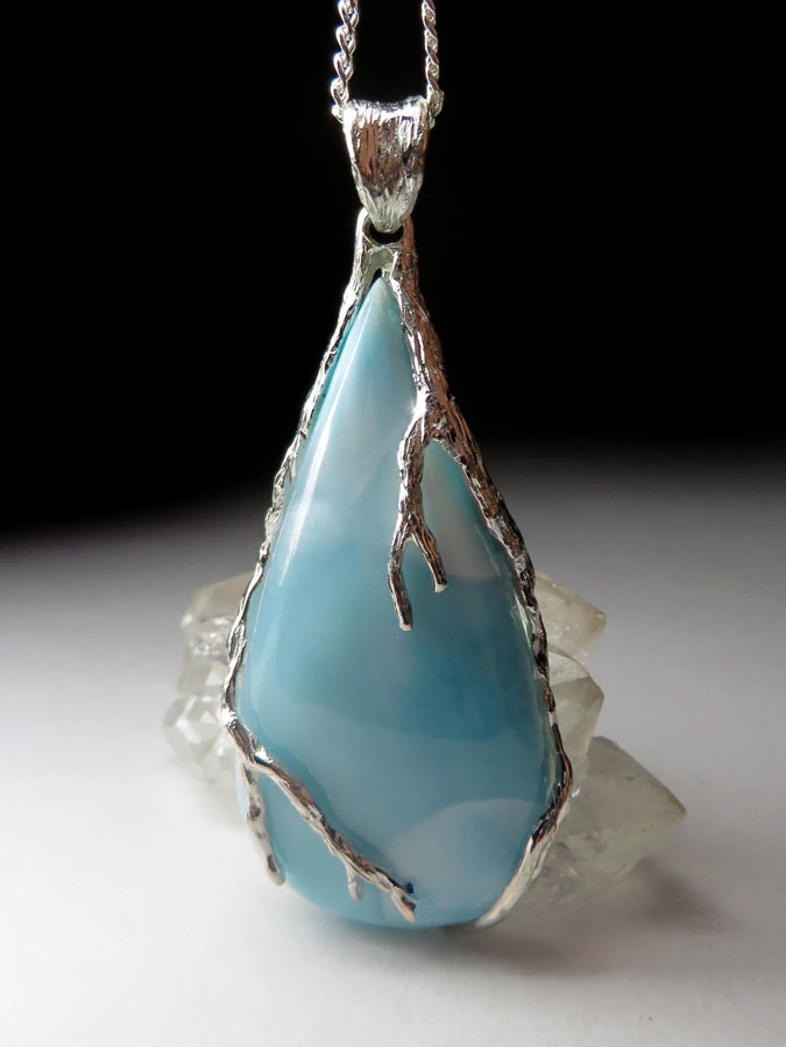 Larimar Silver Pendant gift necklace Blue Natural Gemstone gift For Sale 2