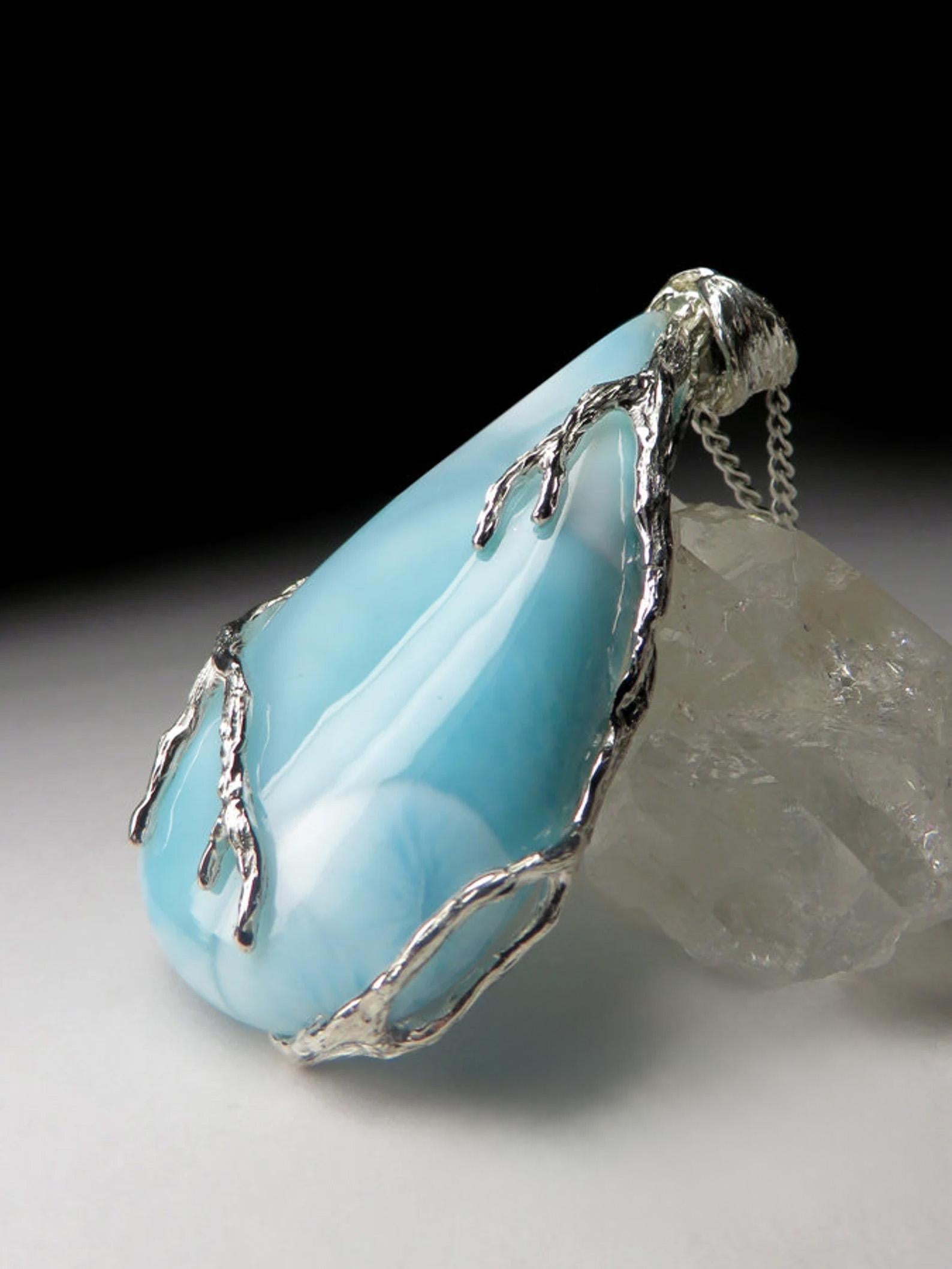 Larimar Silver Pendant gift necklace Blue Natural Gemstone gift For Sale 3