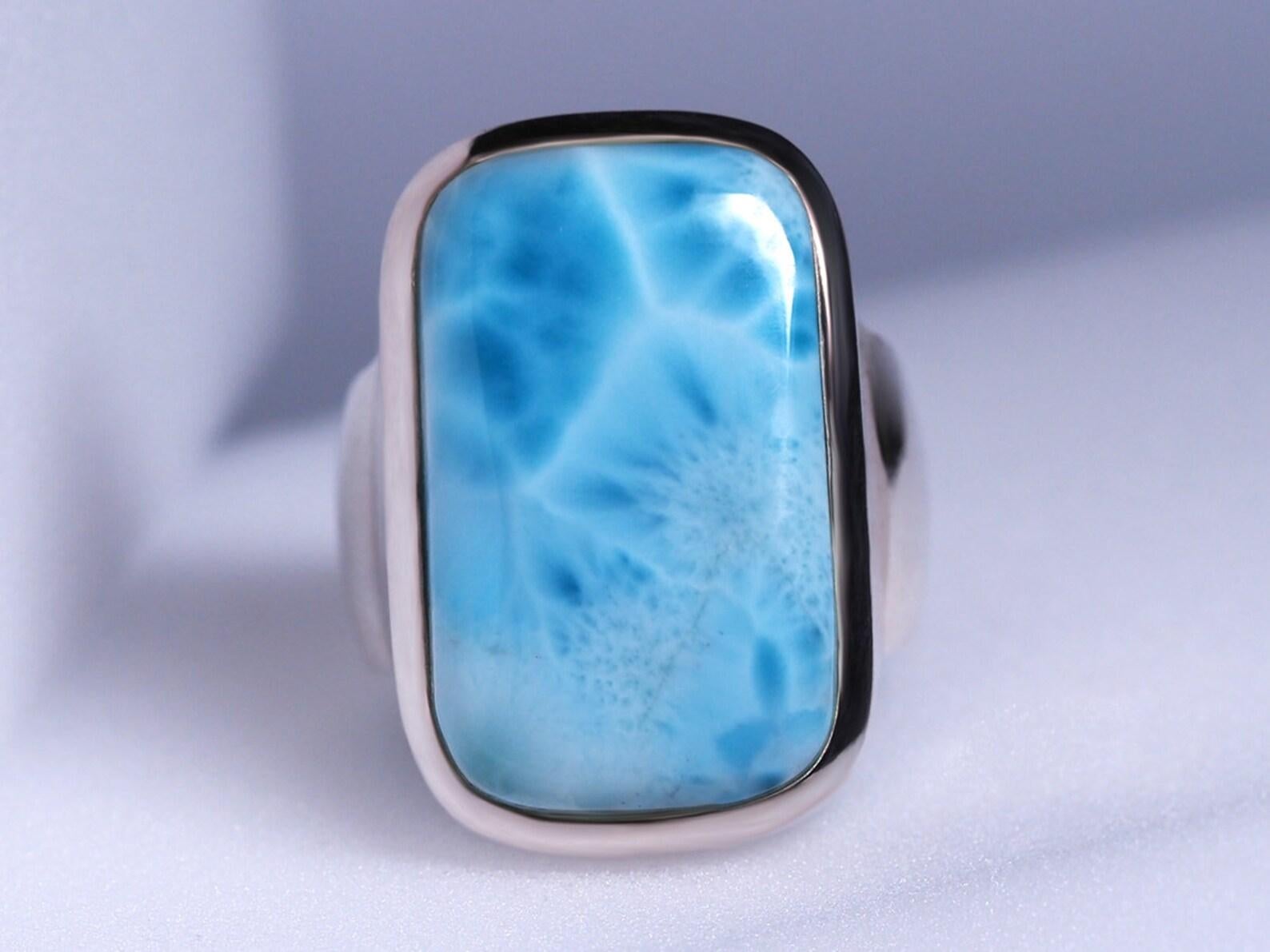 Anello in argento Larimar Blue Natural Dominican dichiarazione regalo persona speciale aries in vendita 1