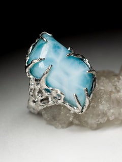 Larimar Silver Ring Freeform Opaque Baby Blue Color Fantasy Natural Gemstone