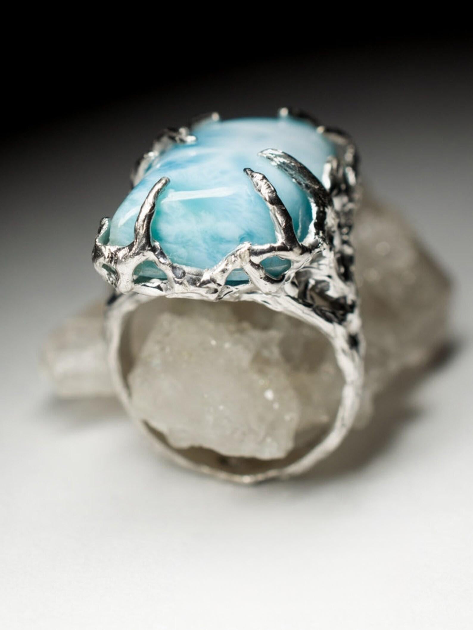 Artisan Larimar Silver Ring Freeform Opaque Baby Blue Color Fantasy Natural Gemstone For Sale