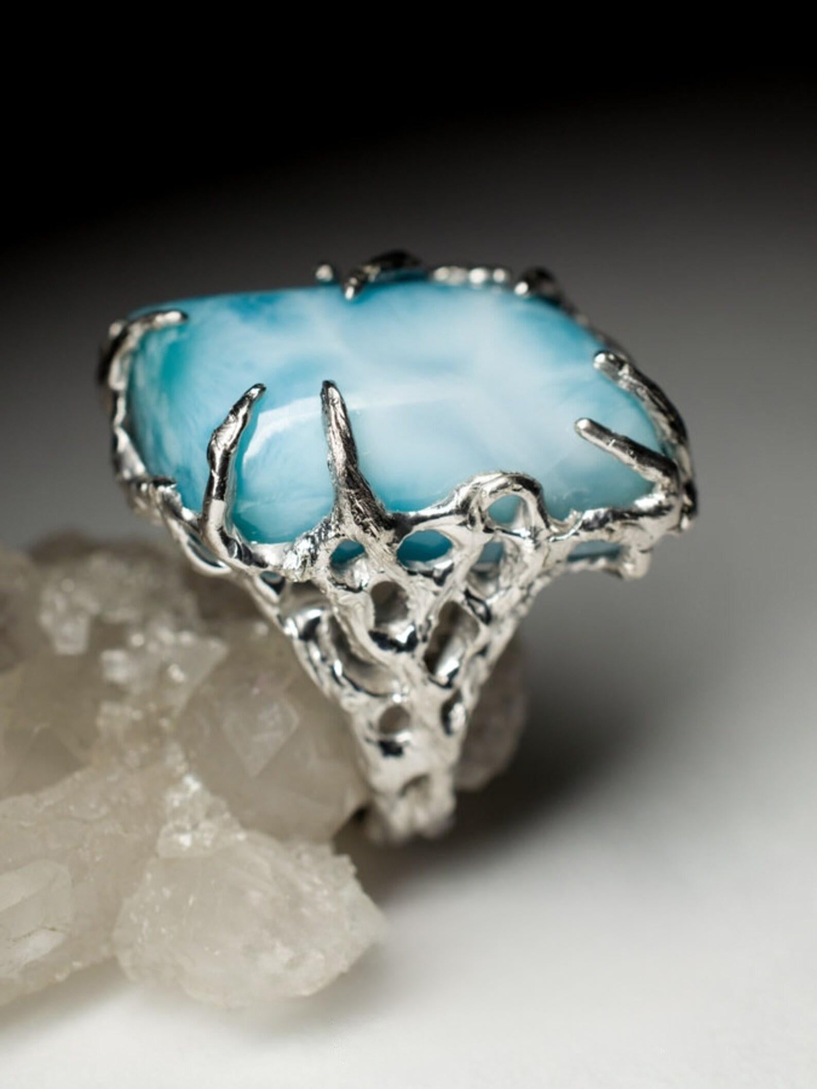 Cabochon Larimar Silver Ring Freeform Opaque Baby Blue Color Fantasy Natural Gemstone For Sale