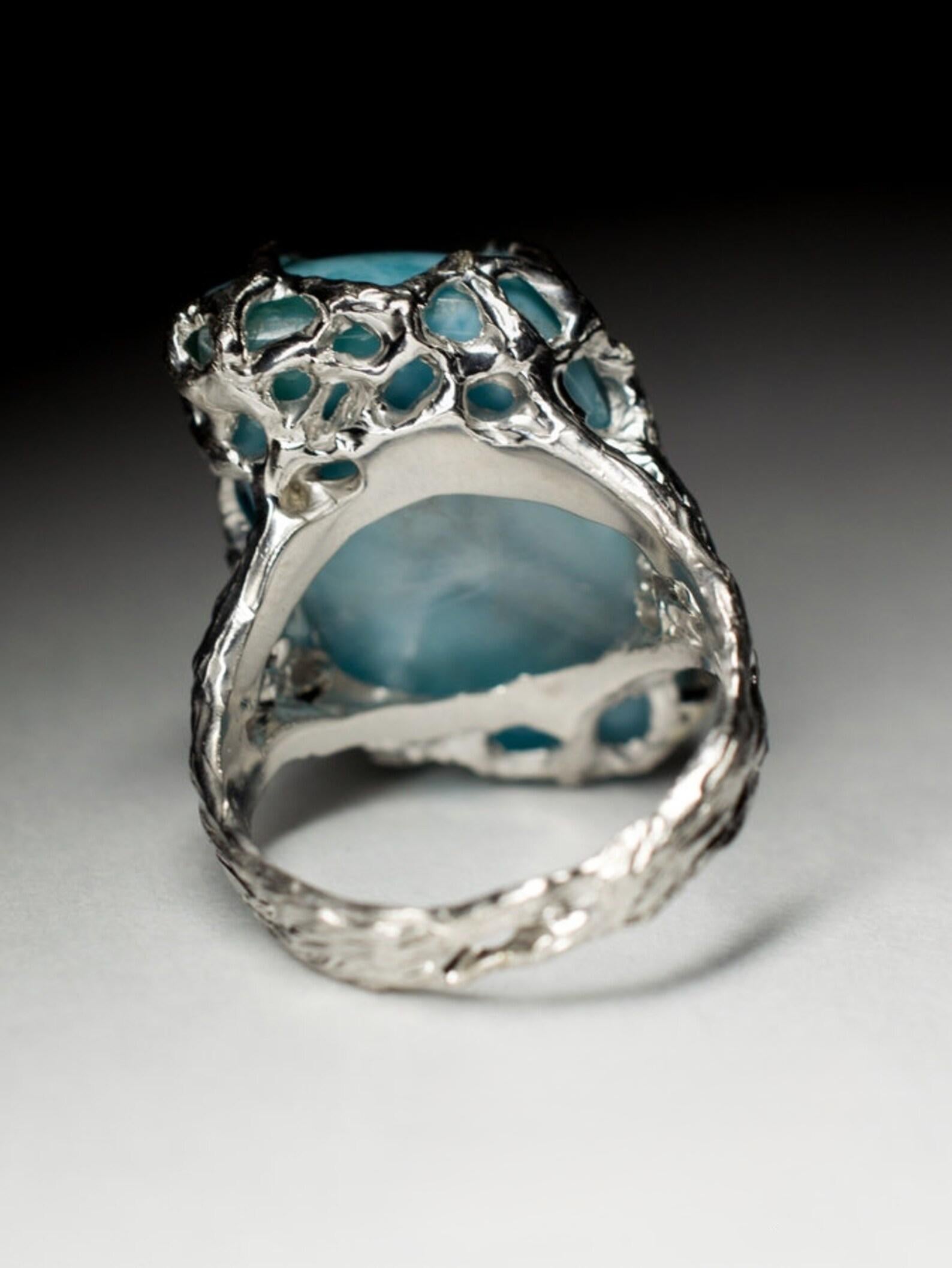 Larimar Silver Ring Freeform Opaque Baby Blue Color Fantasy Natural Gemstone In New Condition For Sale In Berlin, DE