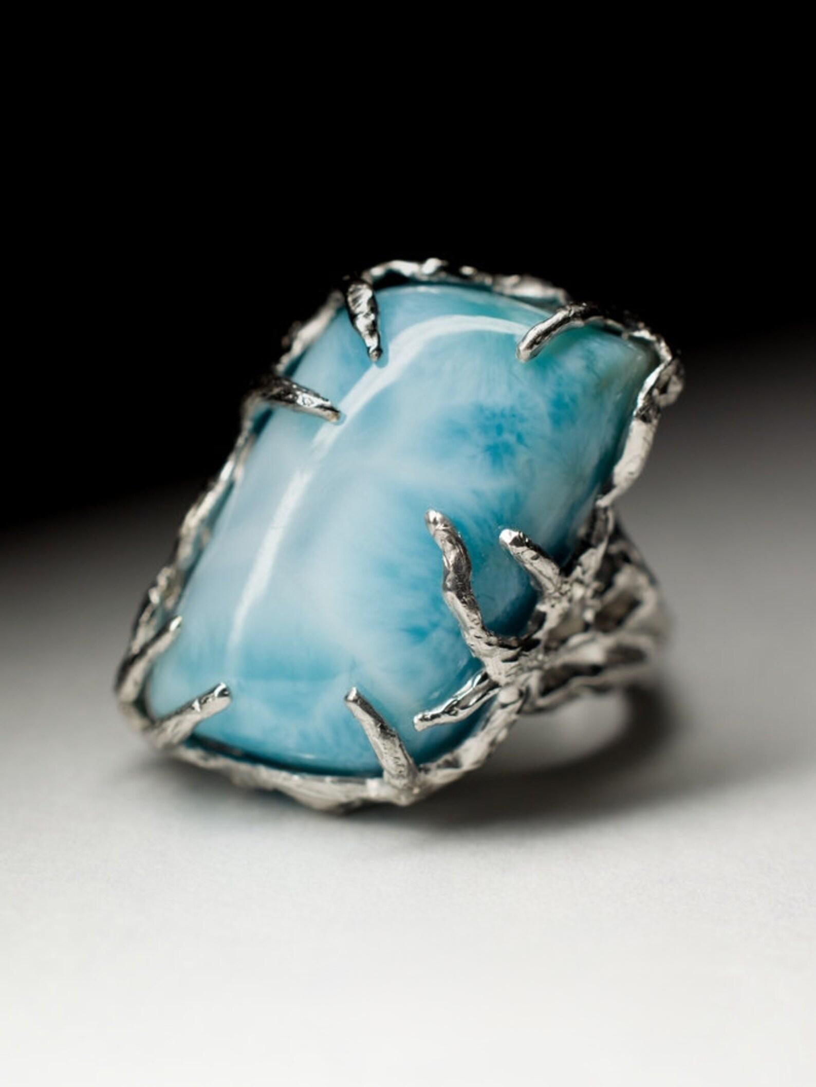 Women's or Men's Larimar Silver Ring Freeform Opaque Baby Blue Color Fantasy Natural Gemstone For Sale