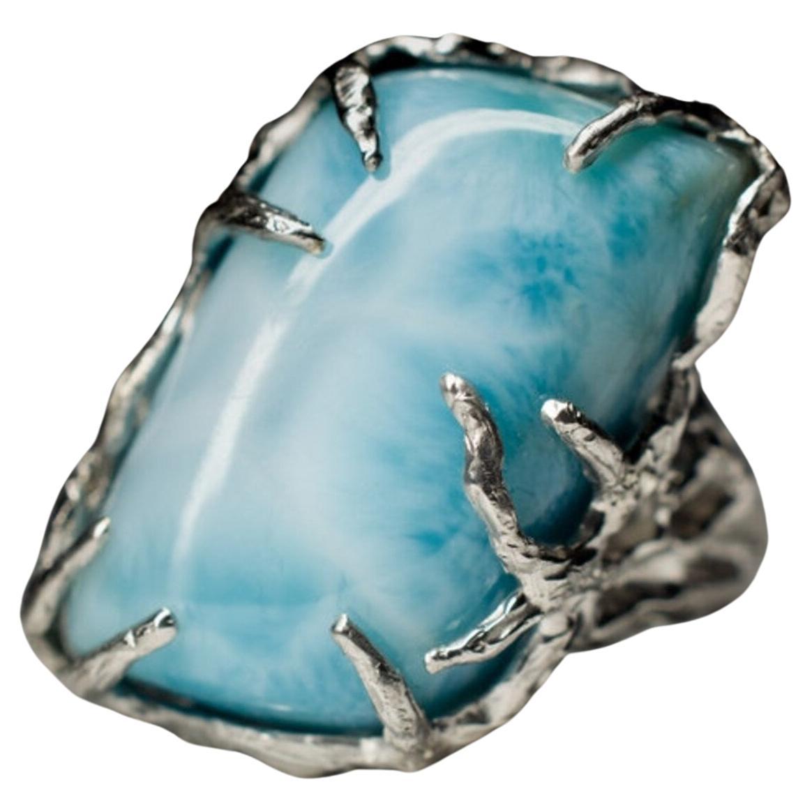 Larimar Bague en argent de forme libre, opaque, couleur bleu pâle, pierre naturelle fantaisie en vente