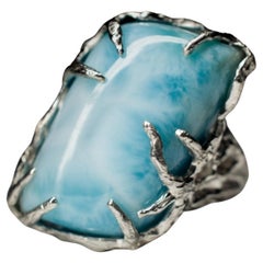 Larimar Silver Ring Freeform Opaque Baby Blue Color Fantasy Natural Gemstone