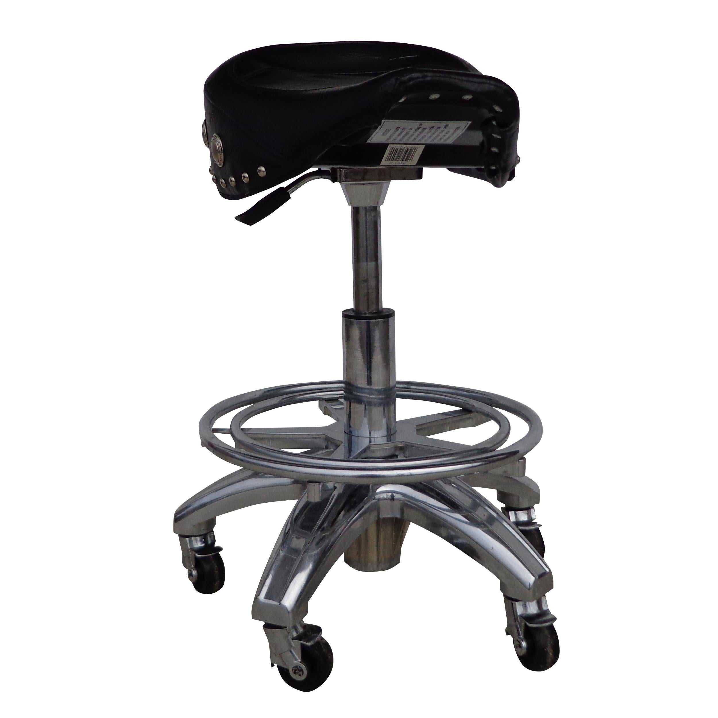 Larin leather saddle & chrome bar stool.

Unique saddle swivel stool with 360 ° swivel movement and pneumatic adjustable height from 21 to 28 inch.

5 Caster wheels for easy maneuverability.
 