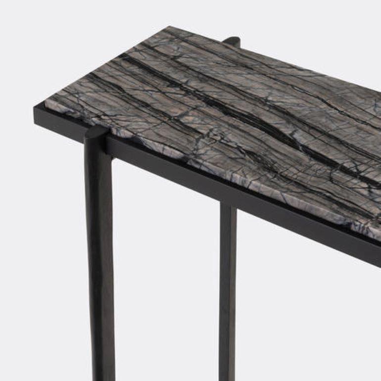 Contemporary Lark Console, Hand Forged Iron Base, Silver Wave Marble Top