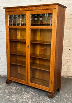 Larkin & Co. Antique Arts & Crafts Mission Oak Bookcase with Stained Glass Doors