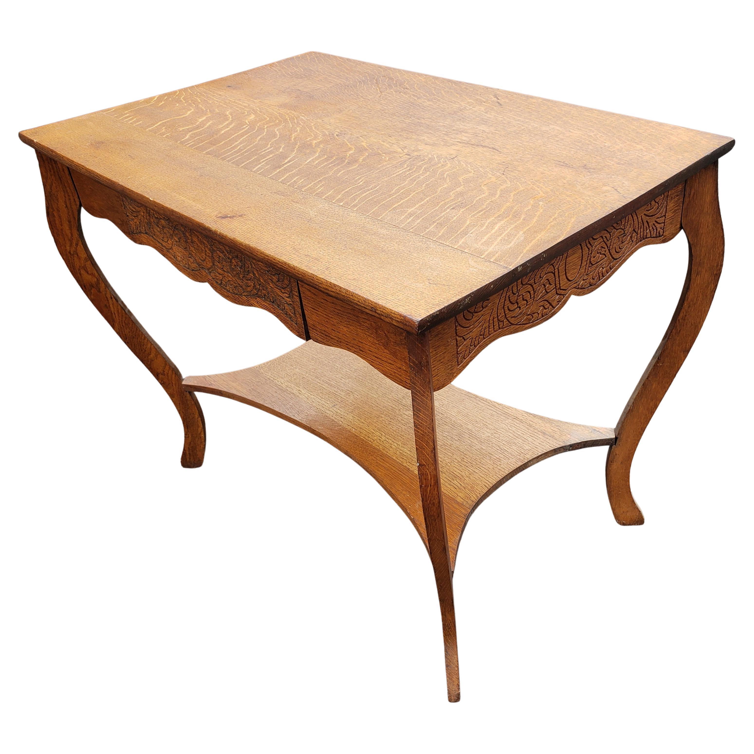 Hand-Carved Larkin Solid Antique Oak Quatersawn Table, circa 1900s For Sale