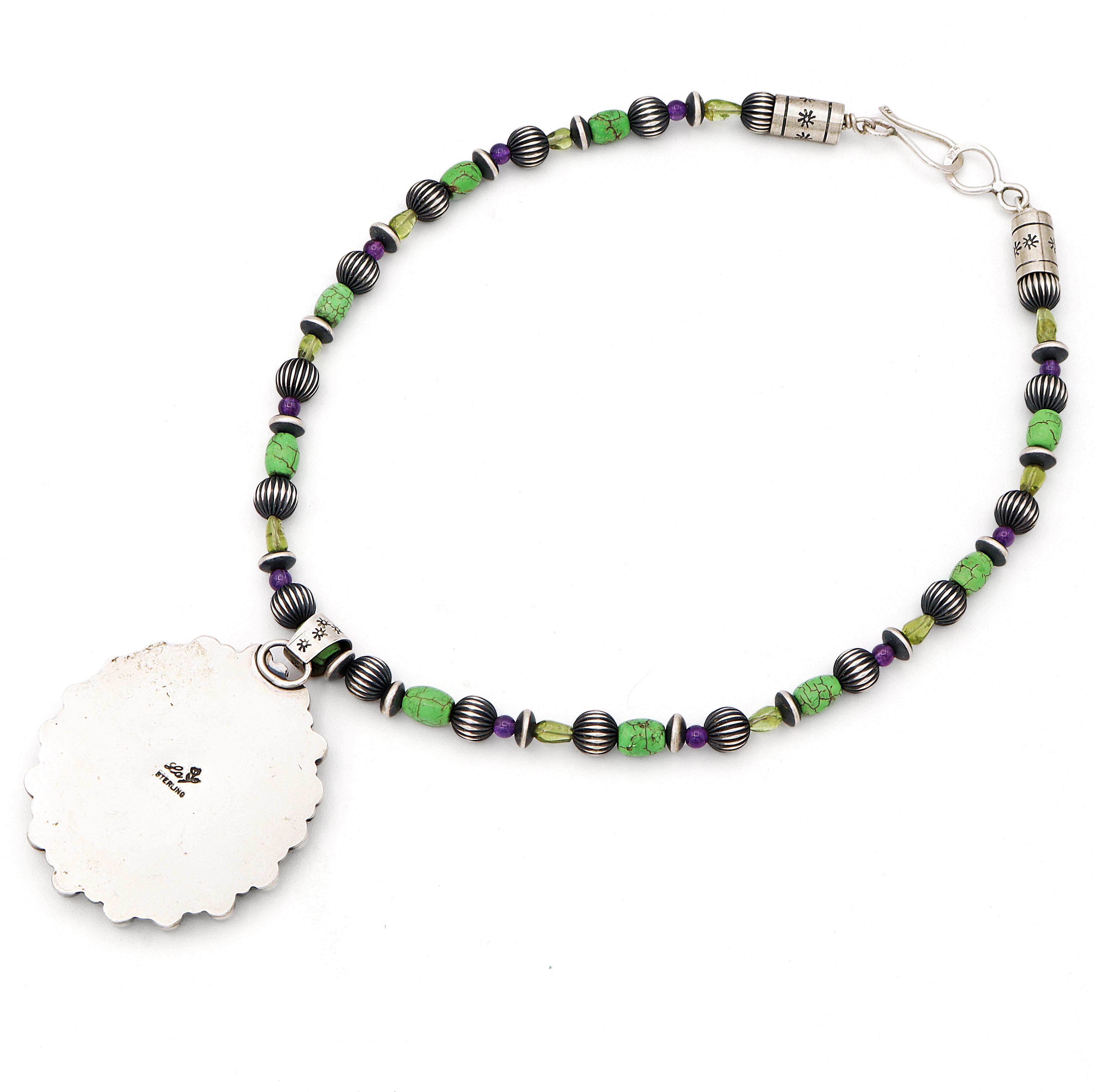Cabochon LaRose Ganadonegro Navajo Sterling Silver Multi-Stone Pendant Necklace