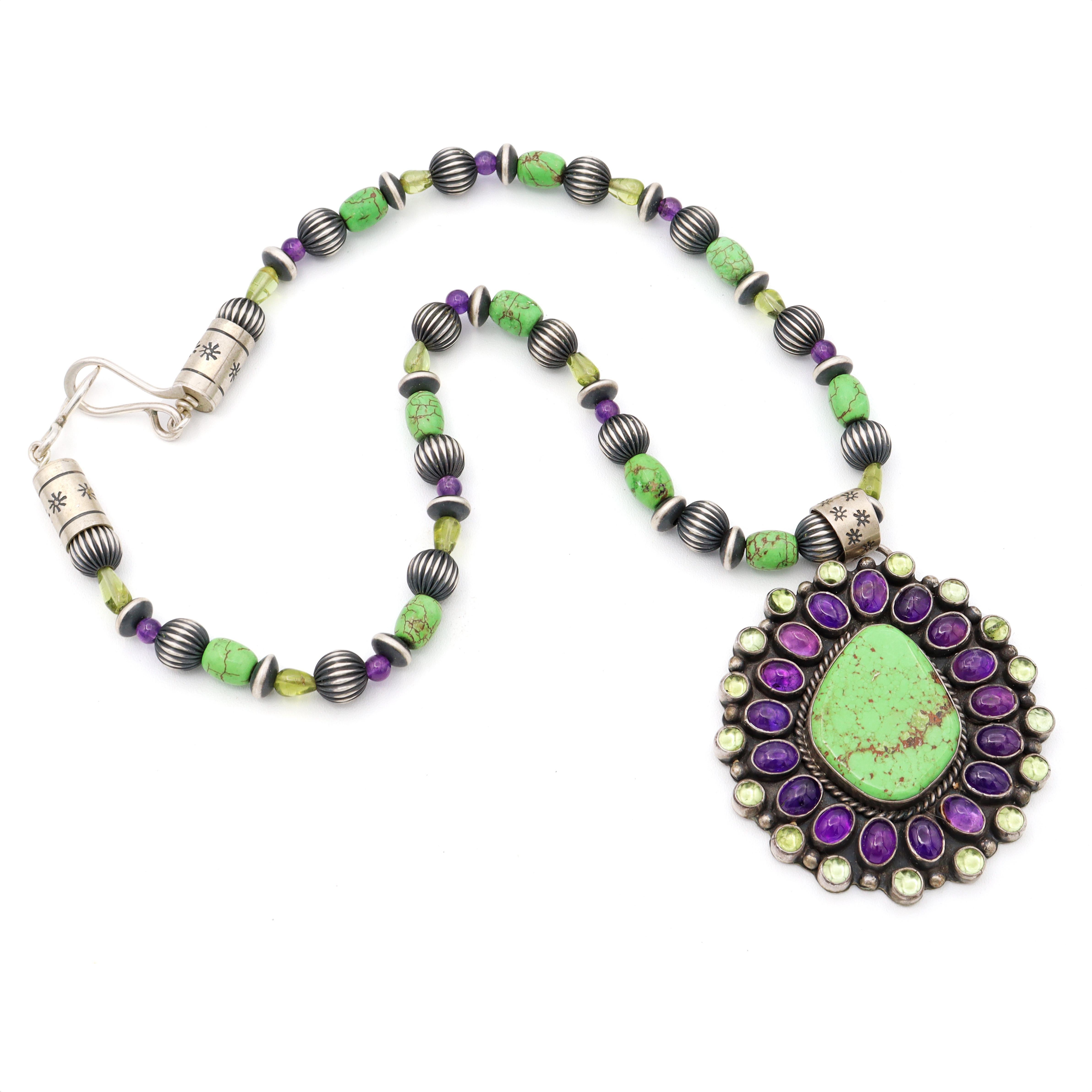LaRose Ganadonegro Navajo Sterling Silver Multi-Stone Pendant Necklace In Good Condition In New York, NY