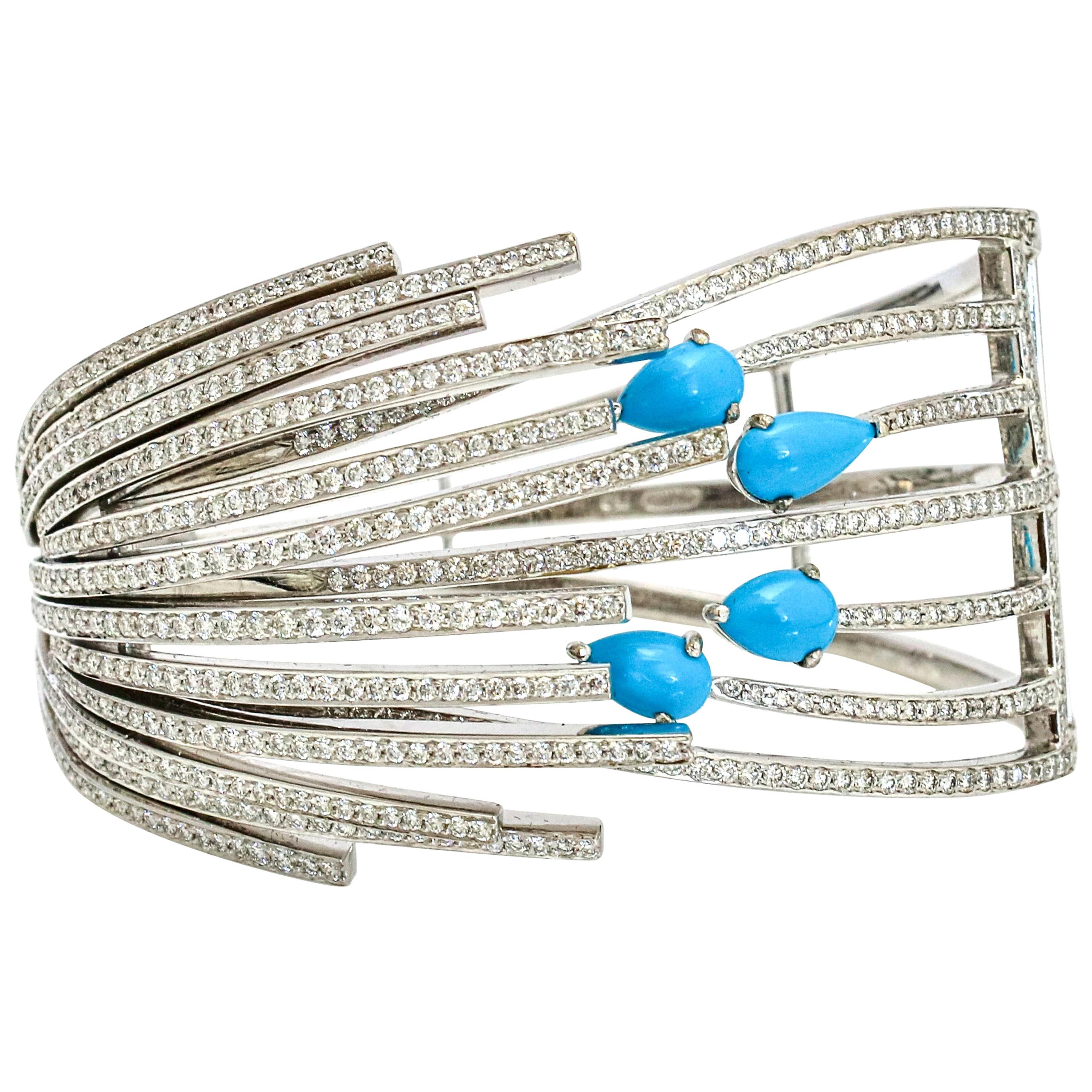 Larry 5.00 Carat 18 Karat Gold Diamond Turquoise Hinged Bangle Bracelet For Sale