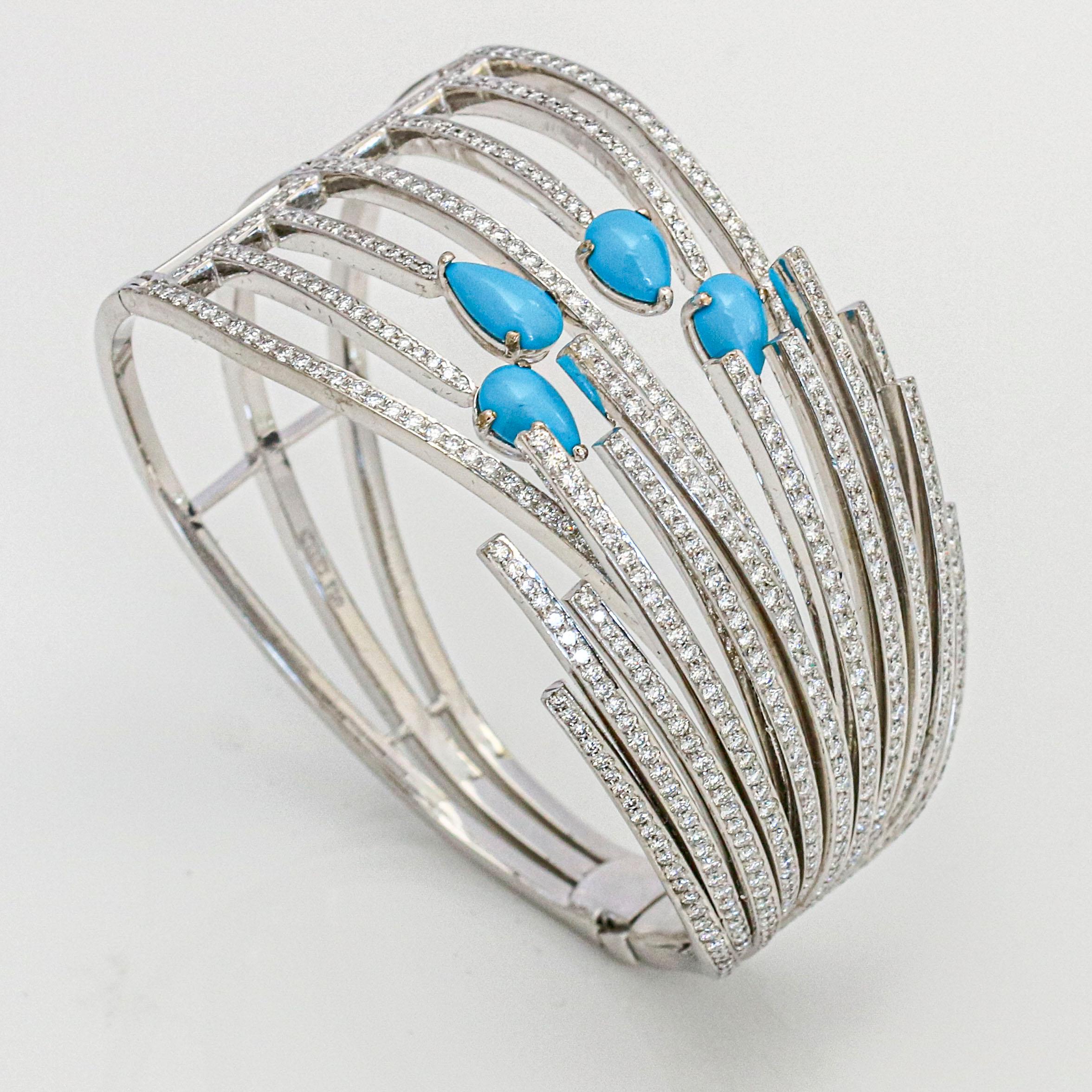 Round Cut Larry 5.00 Carat 18 Karat Gold Diamond Turquoise Hinged Bangle Bracelet For Sale