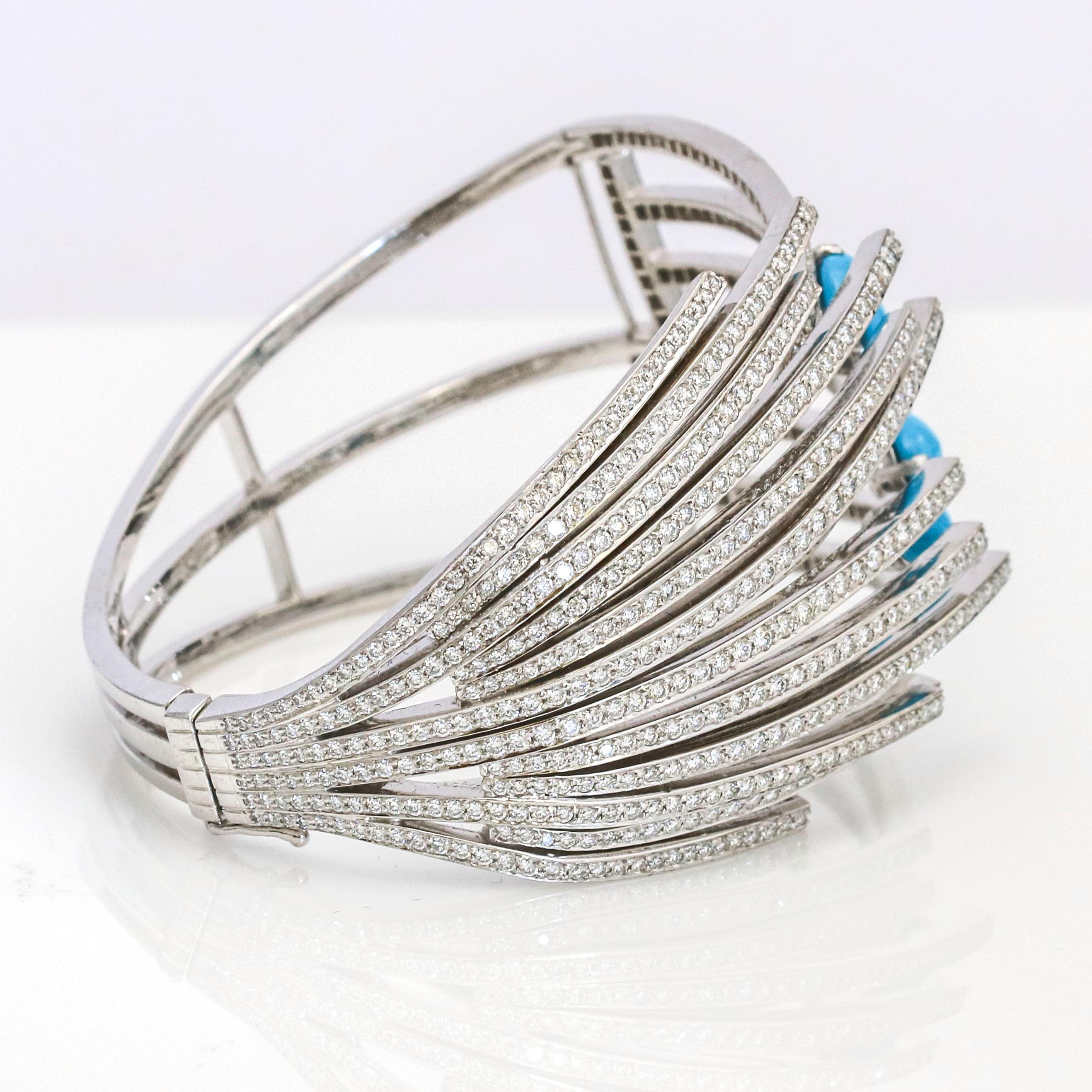 Women's Larry 5.00 Carat 18 Karat Gold Diamond Turquoise Hinged Bangle Bracelet For Sale