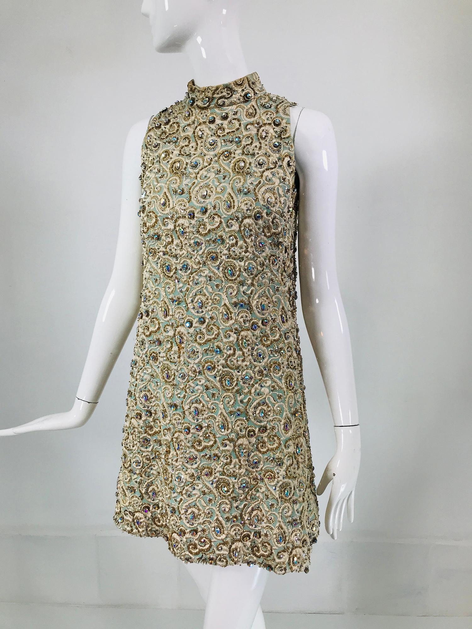 Larry Aldrich Heavily Beaded Brocade A Line Halter Neck Mini Dress 1960s For Sale 5