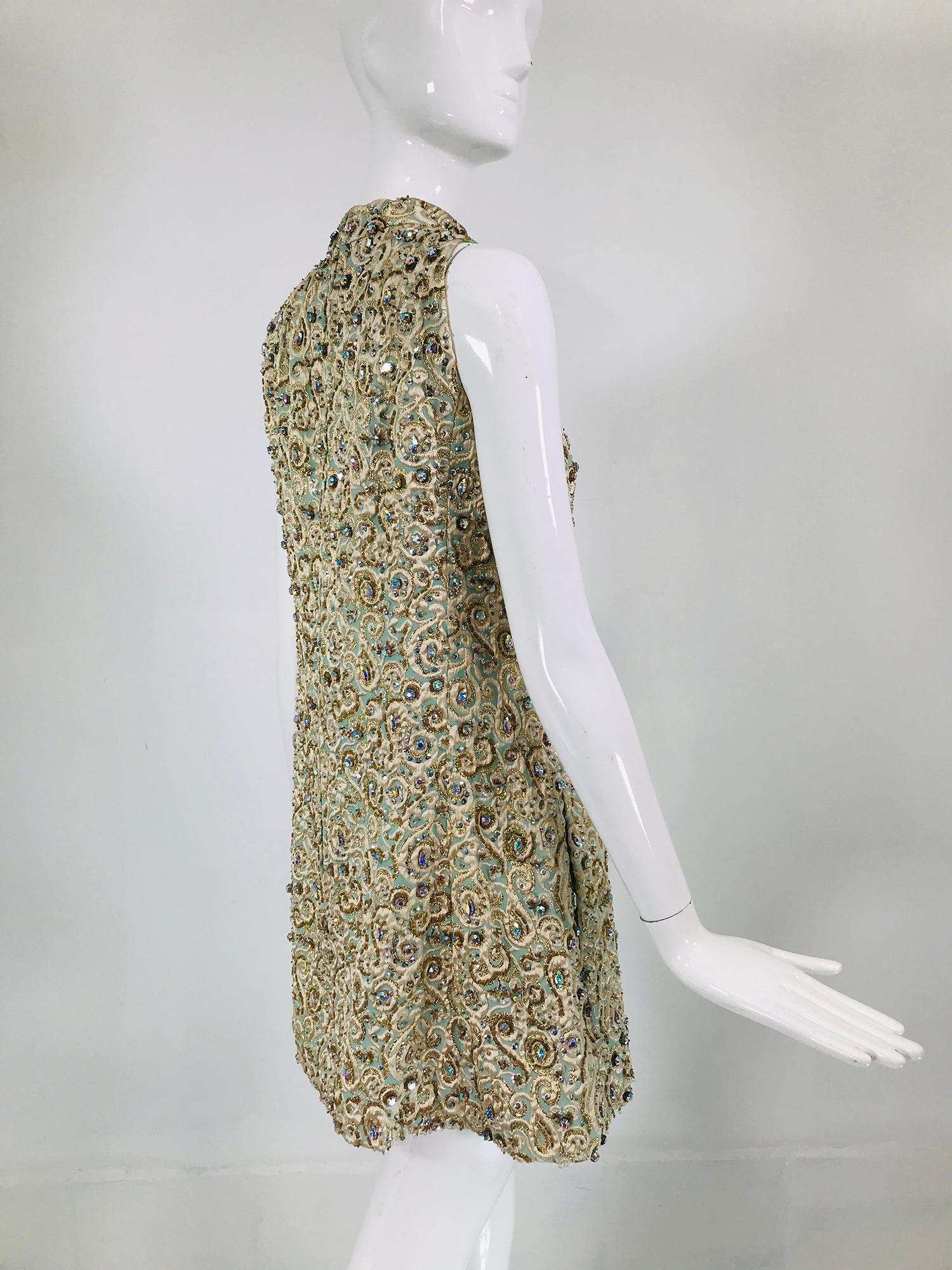 Women's Larry Aldrich Heavily Beaded Brocade A Line Halter Neck Mini Dress 1960s For Sale