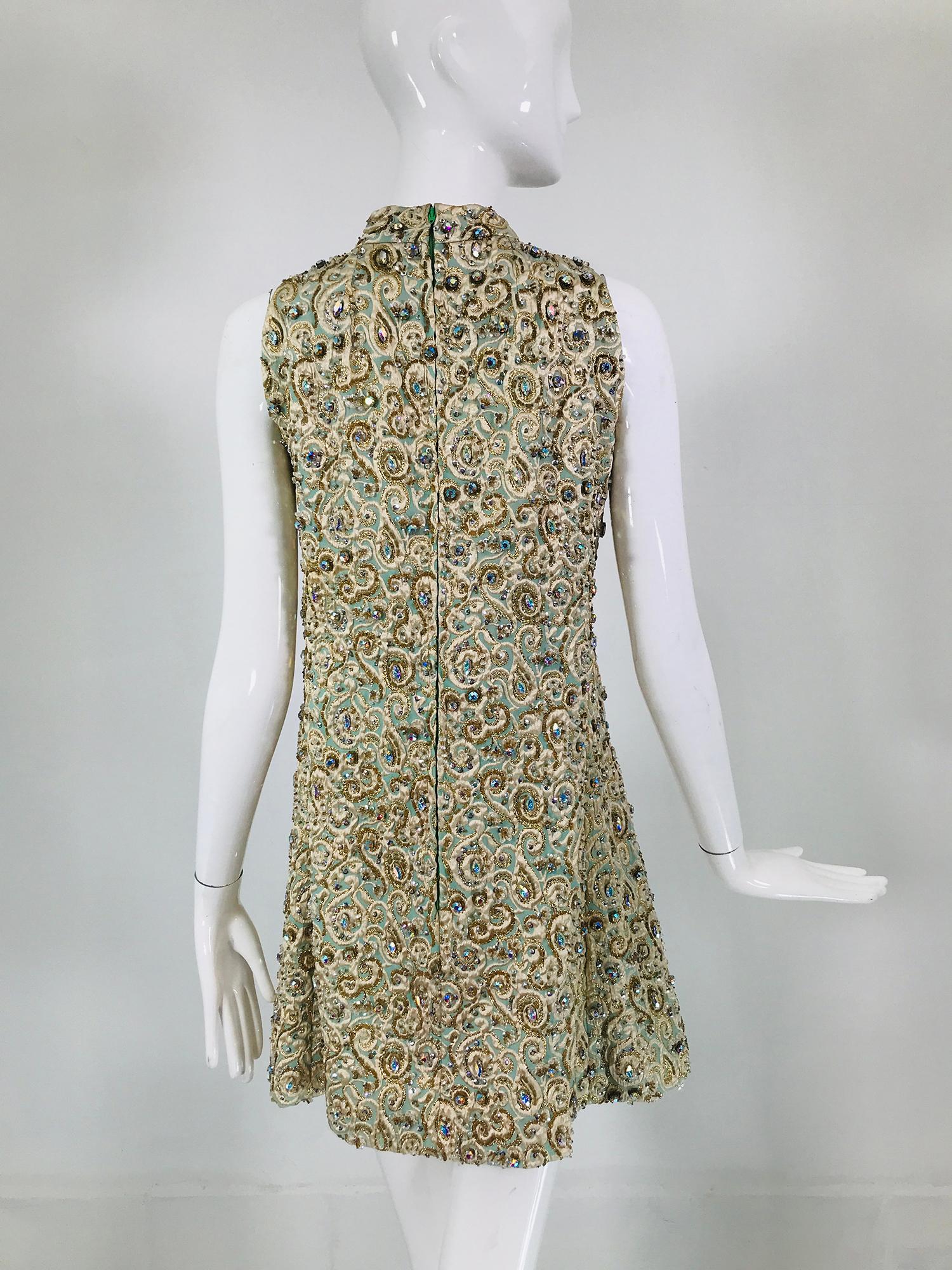 Larry Aldrich Heavily Beaded Brocade A Line Halter Neck Mini Dress 1960s For Sale 1