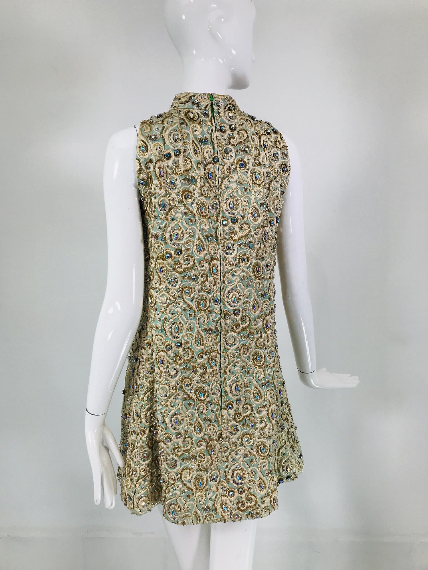 Larry Aldrich Heavily Beaded Brocade A Line Halter Neck Mini Dress 1960s For Sale 2