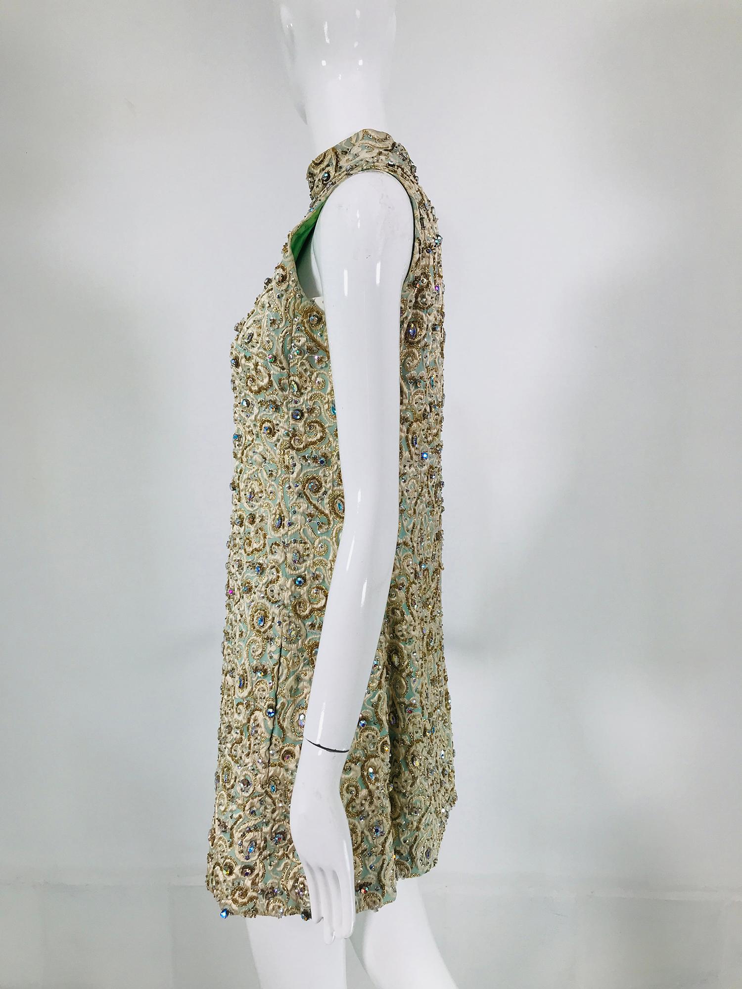 Larry Aldrich Heavily Beaded Brocade A Line Halter Neck Mini Dress 1960s For Sale 3
