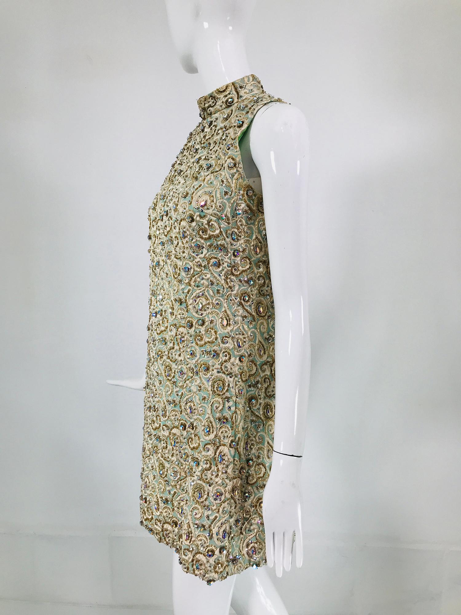 Larry Aldrich Heavily Beaded Brocade A Line Halter Neck Mini Dress 1960s For Sale 4
