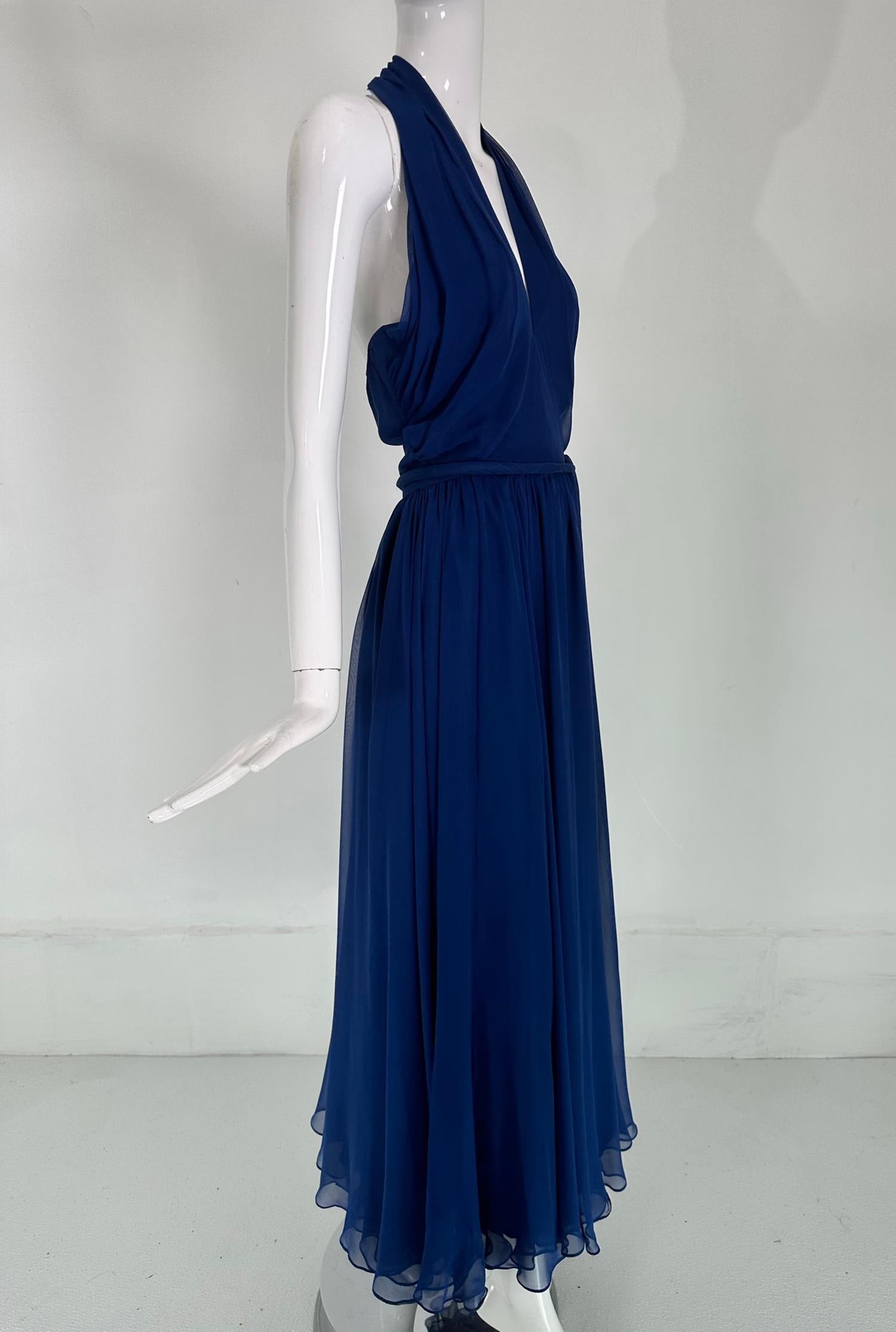 Larry Aldrich Royal Blue Silk Chiffon Plunge V Halter Neck Maxi Dress  1970s  6