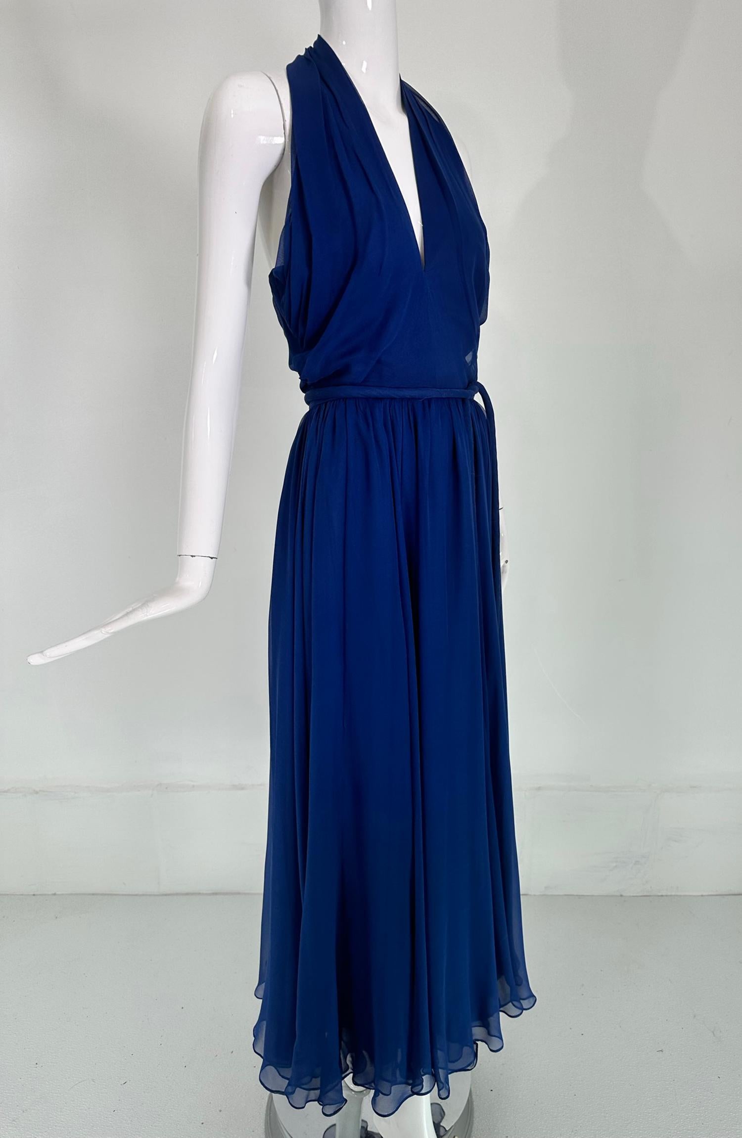 Larry Aldrich Royal Blue Silk Chiffon Plunge V Halter Neck Maxi Dress  1970s  7