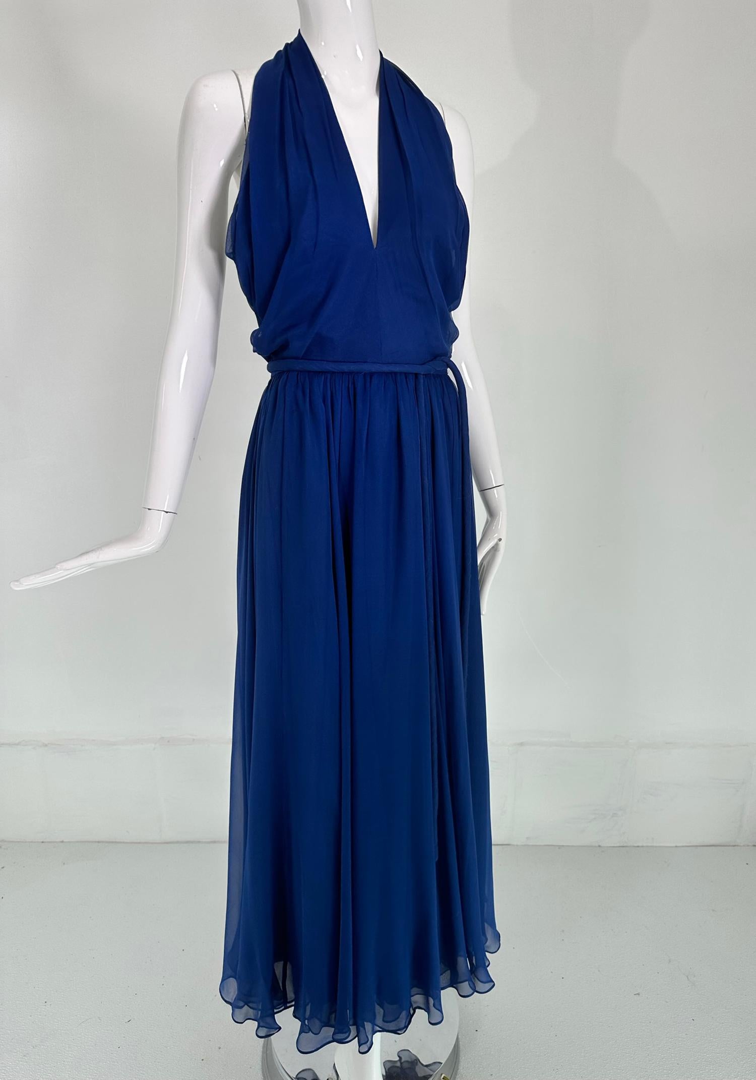 Larry Aldrich Royal Blue Silk Chiffon Plunge V Halter Neck Maxi Dress  1970s  8