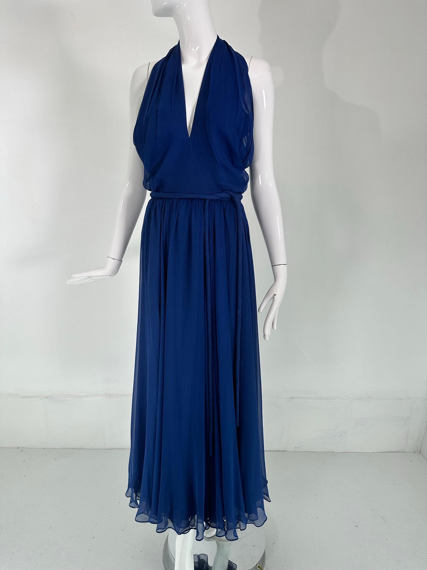 Larry Aldrich Royal Blue Silk Chiffon Plunge V Halter Neck Maxi Dress  1970s  9