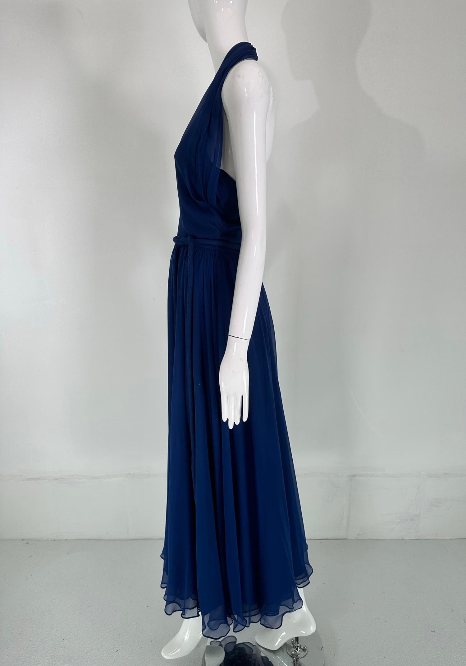Bleu Larry Aldrich - Robe longue en mousseline de soie bleu royal à décolleté plongeant et col en V  1970s 