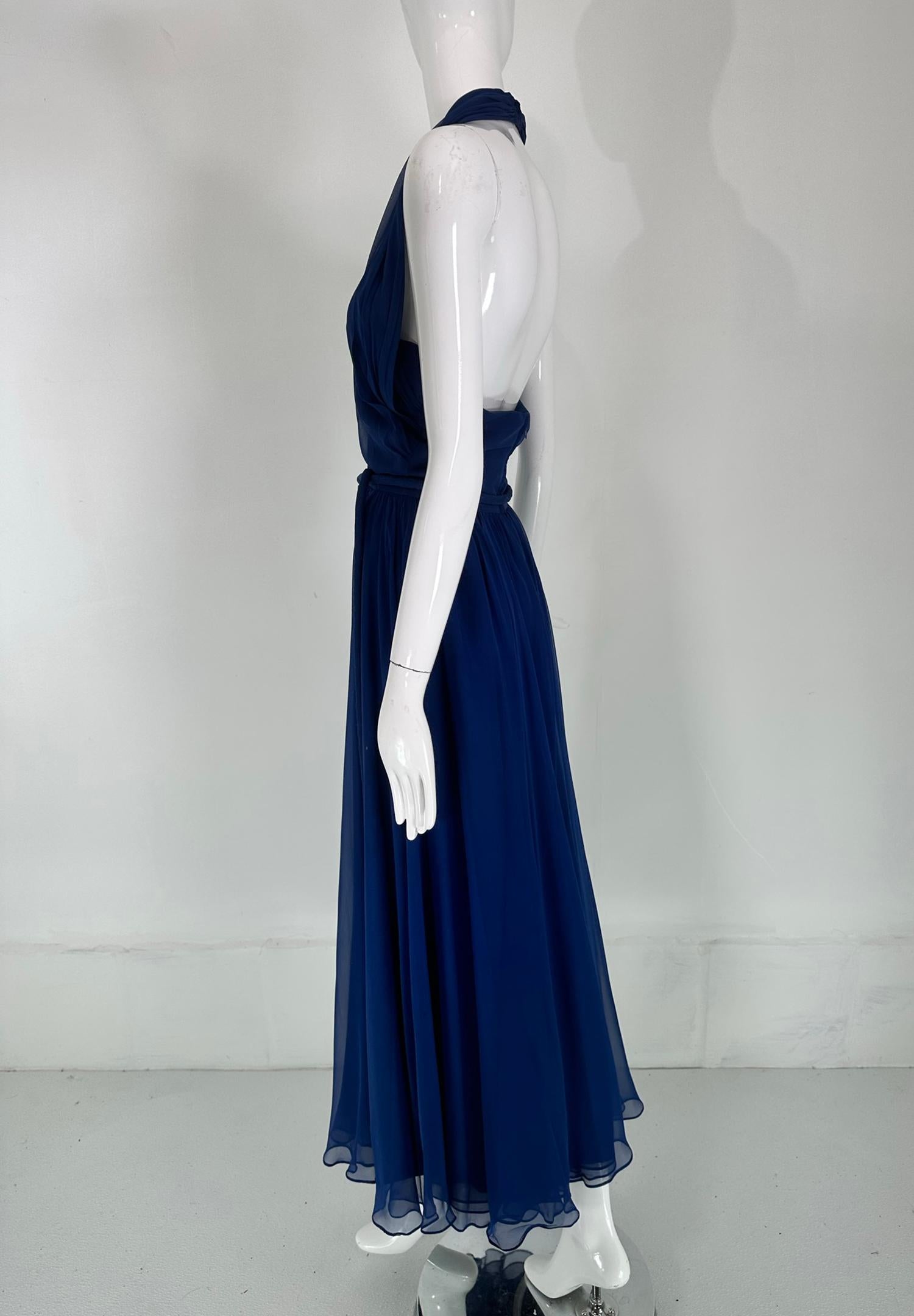 Women's Larry Aldrich Royal Blue Silk Chiffon Plunge V Halter Neck Maxi Dress  1970s 