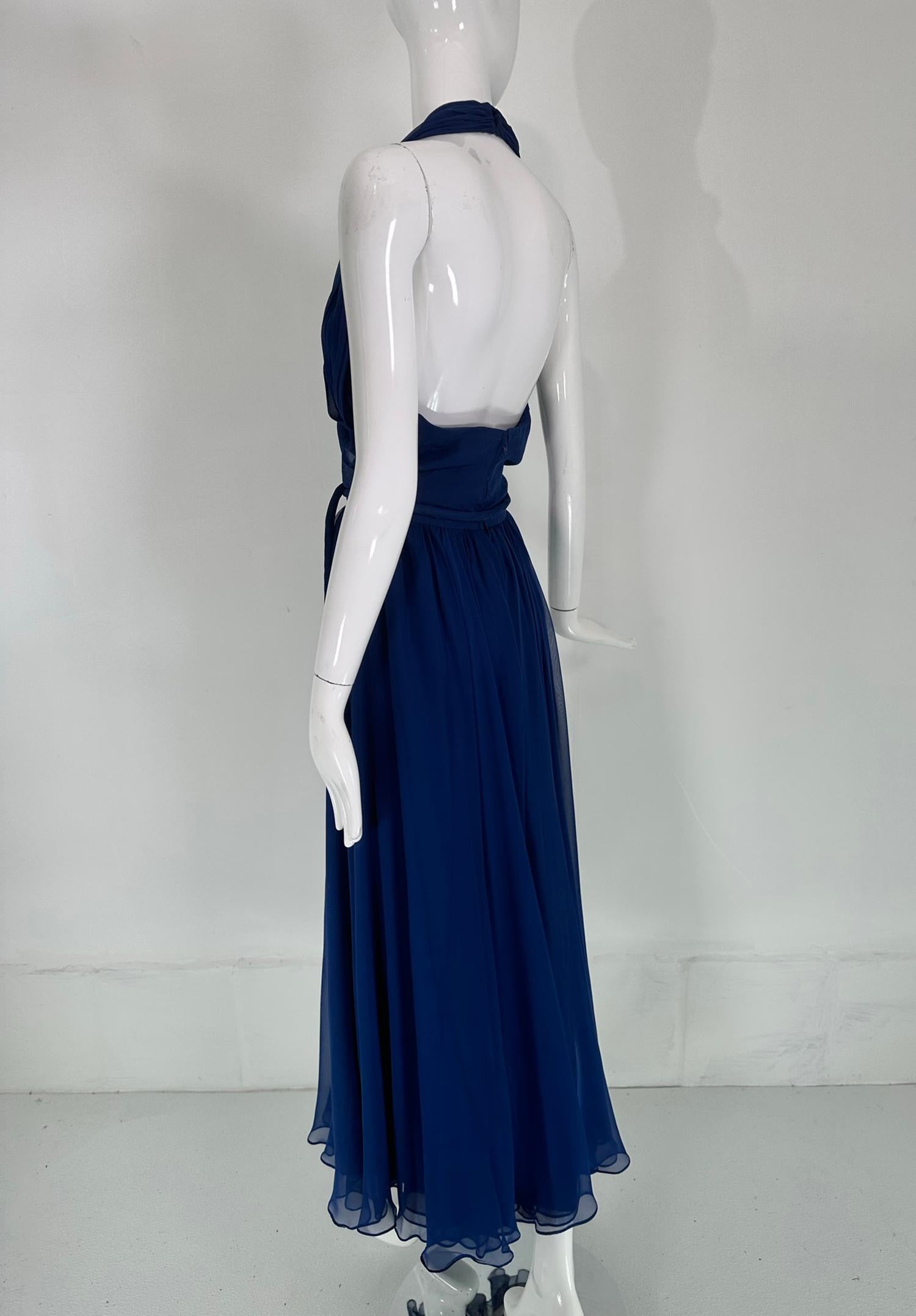 Larry Aldrich Royal Blue Silk Chiffon Plunge V Halter Neck Maxi Dress  1970s  1