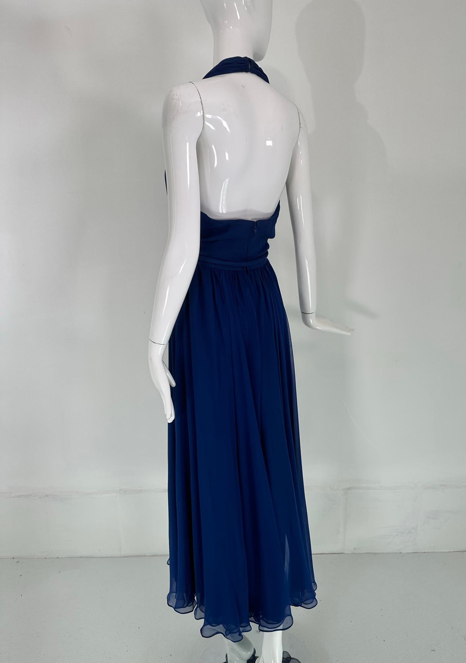 Larry Aldrich Royal Blue Silk Chiffon Plunge V Halter Neck Maxi Dress  1970s  2