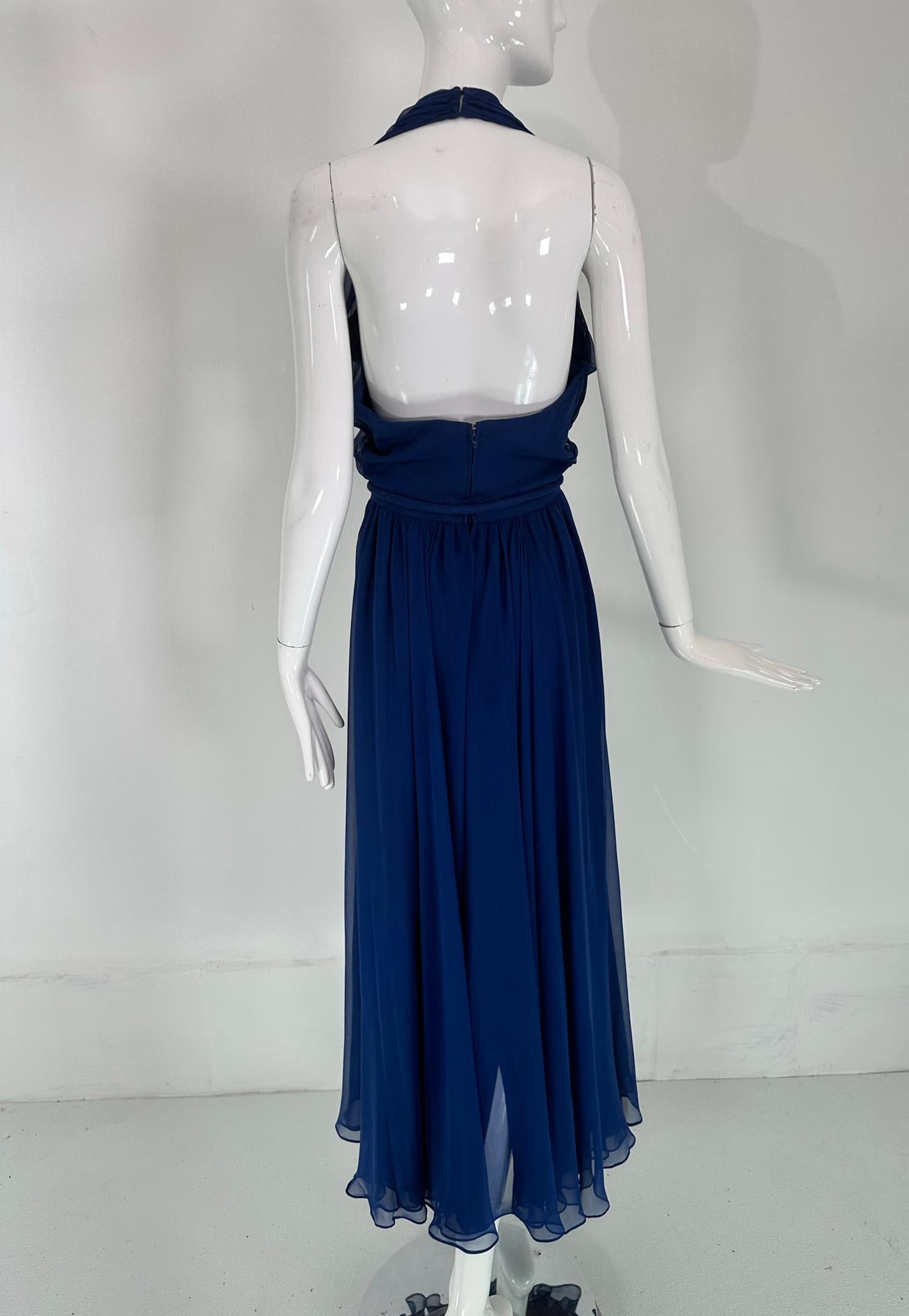Larry Aldrich Royal Blue Silk Chiffon Plunge V Halter Neck Maxi Dress  1970s  3