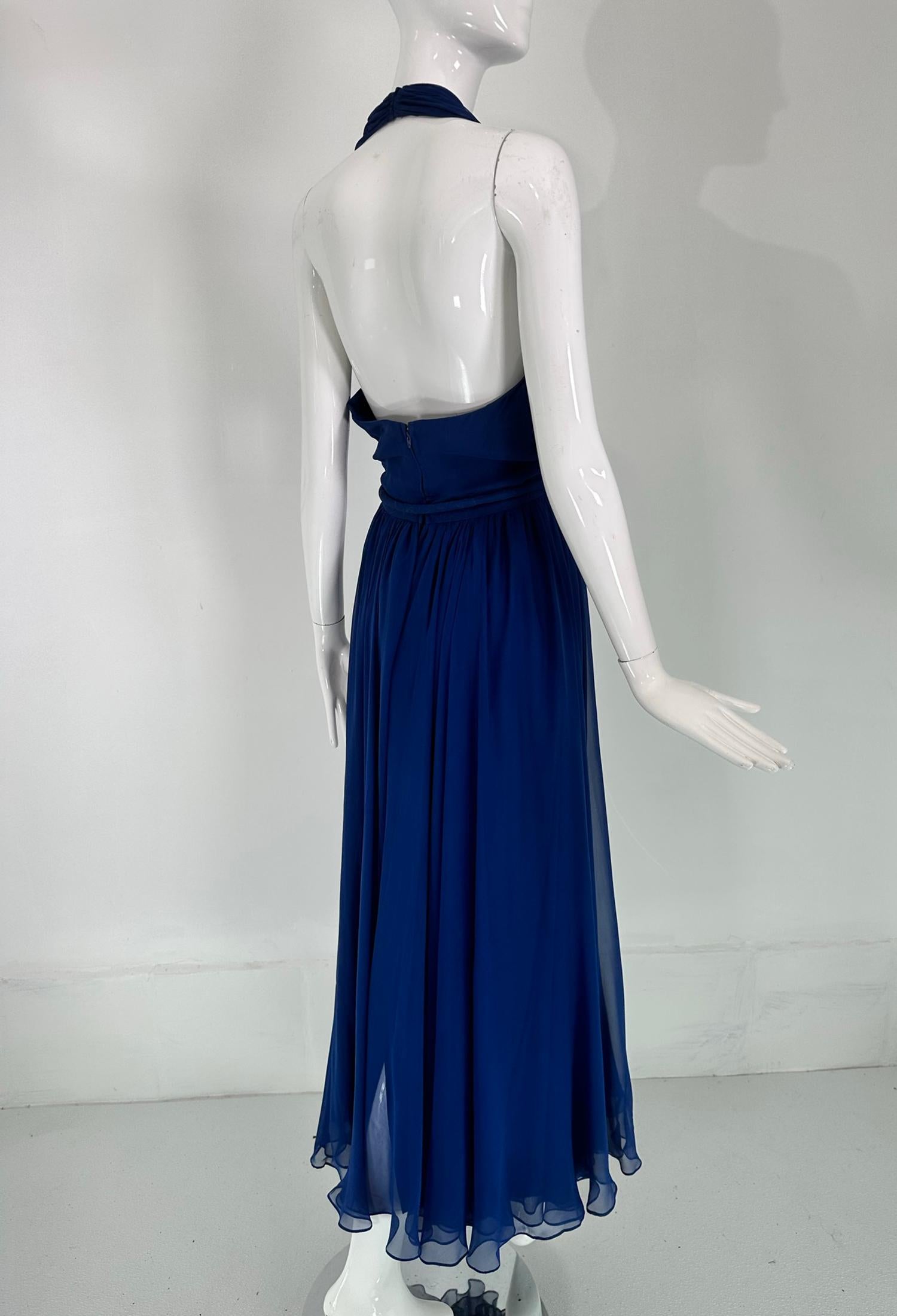 Larry Aldrich Royal Blue Silk Chiffon Plunge V Halter Neck Maxi Dress  1970s  4