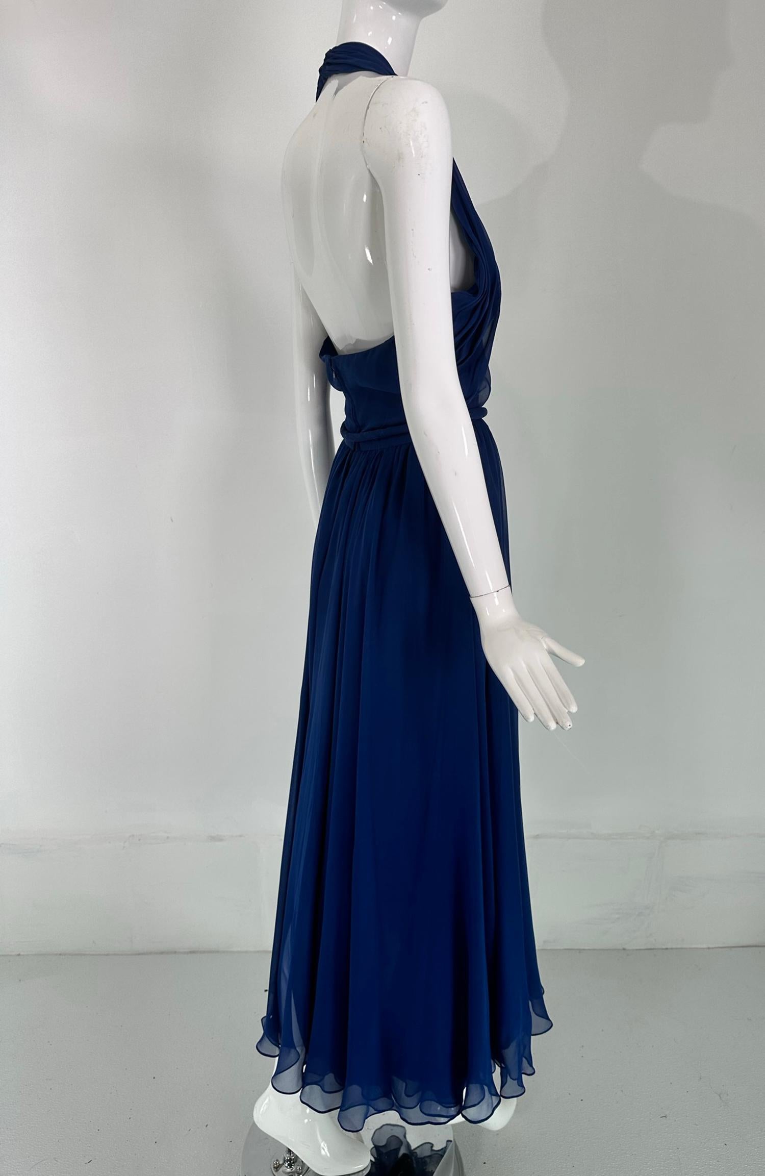Larry Aldrich Royal Blue Silk Chiffon Plunge V Halter Neck Maxi Dress  1970s  5