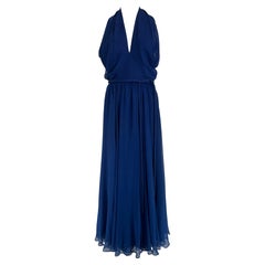 Larry Aldrich Royal Blue Silk Chiffon Plunge V Halter Neck Maxi Dress  1970s