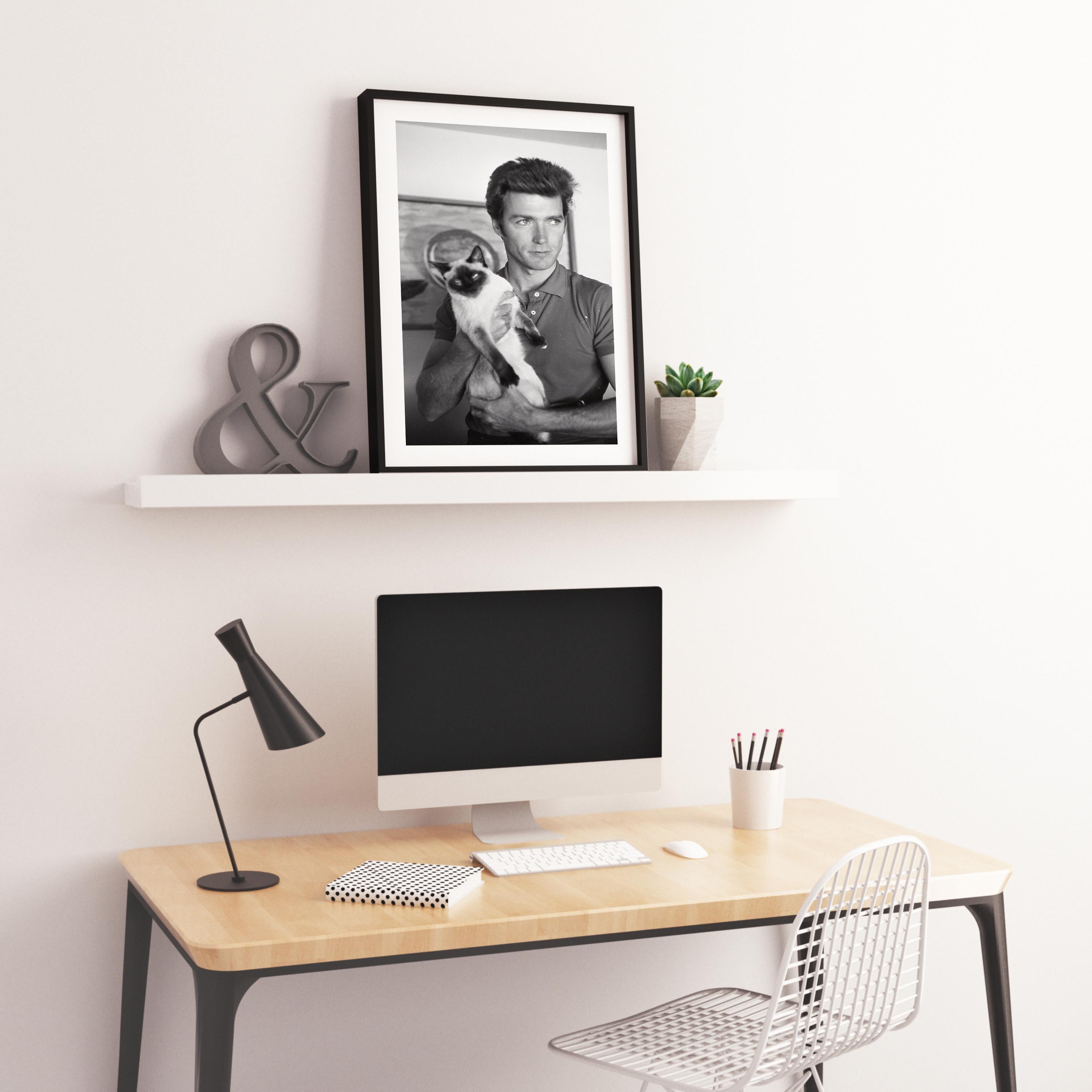 Clint Eastwood with Cat Fine Art Print - Gray Portrait Photograph by Larry Barbier