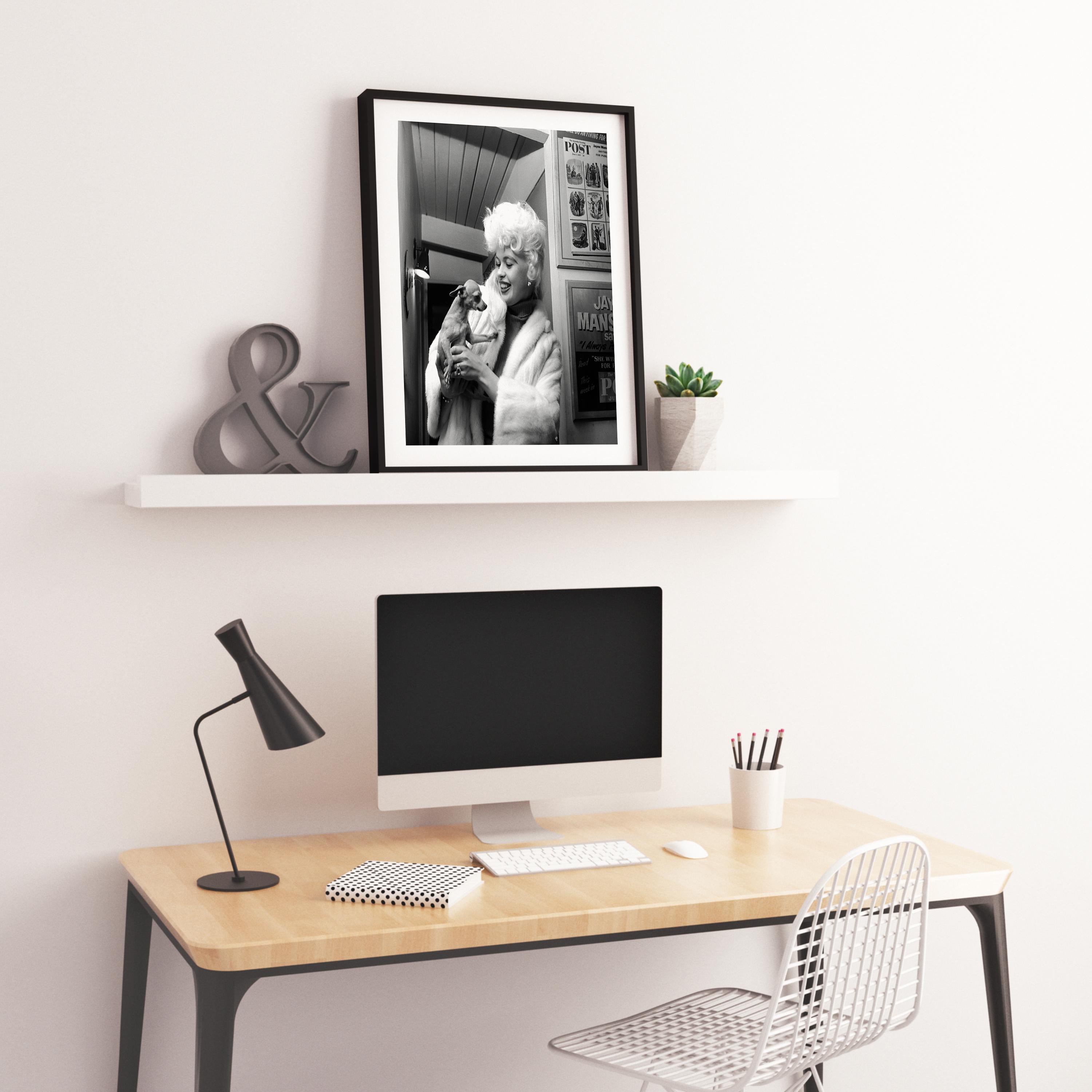 Jayne Mansfield Smiling with Dog Fine Art Print - Black Black and White Photograph by Larry Barbier