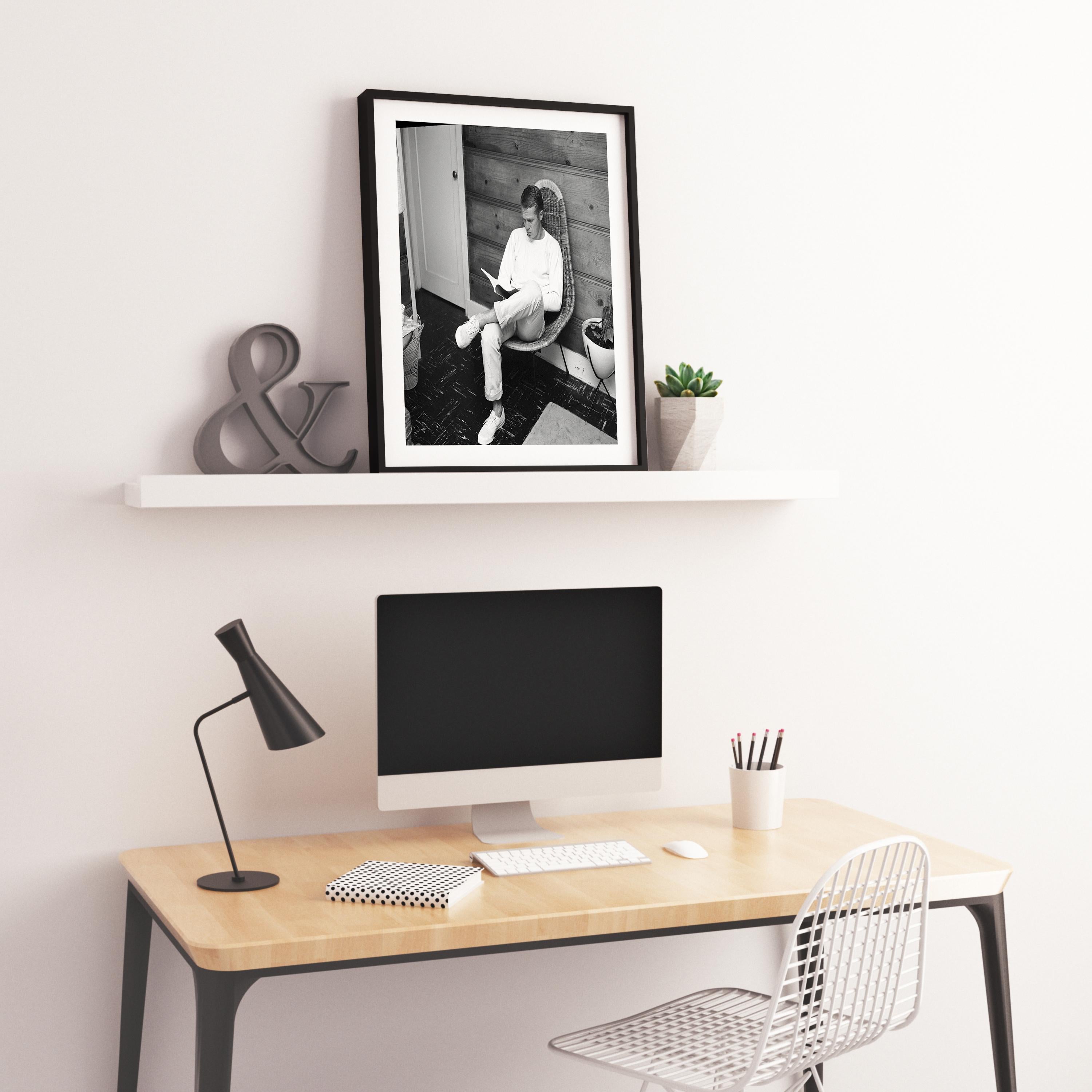 Steve McQueen Reading at Home Fine Art Print - Black Portrait Photograph by Larry Barbier