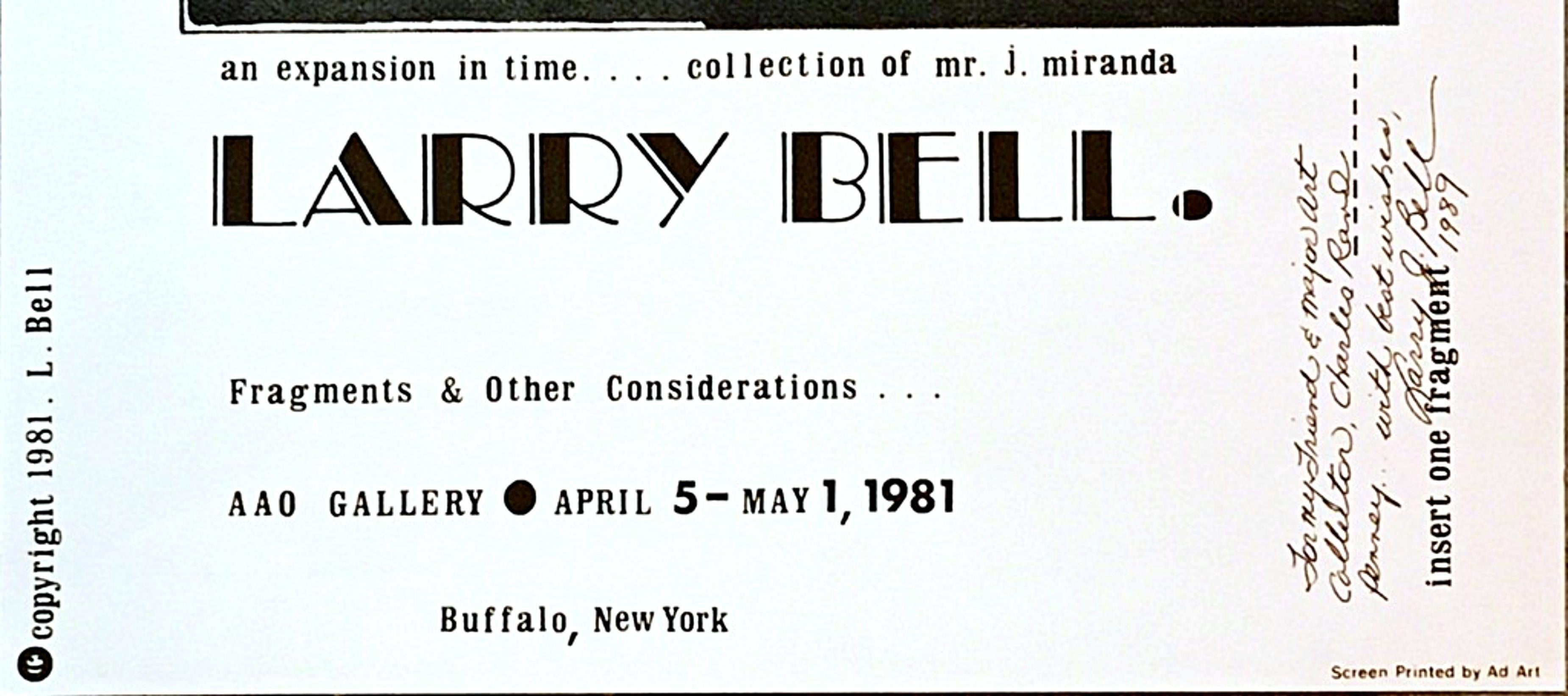 Larry Bell
Hand Signed and Inscribed Poster, 1981
Silkscreen Poster
Hand Signed, inscribed and dated by the artist on the front
16 × 14 inches
Unframed
This uniquely signed vintage silkscreen Larry Bell poster was published on the occasion of his