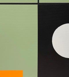 " Square Aloe, " geometric abstract painting in green, black, white and orange