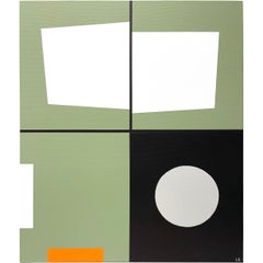 " Square Aloe, " geometric abstract painting in green, black, white and orange
