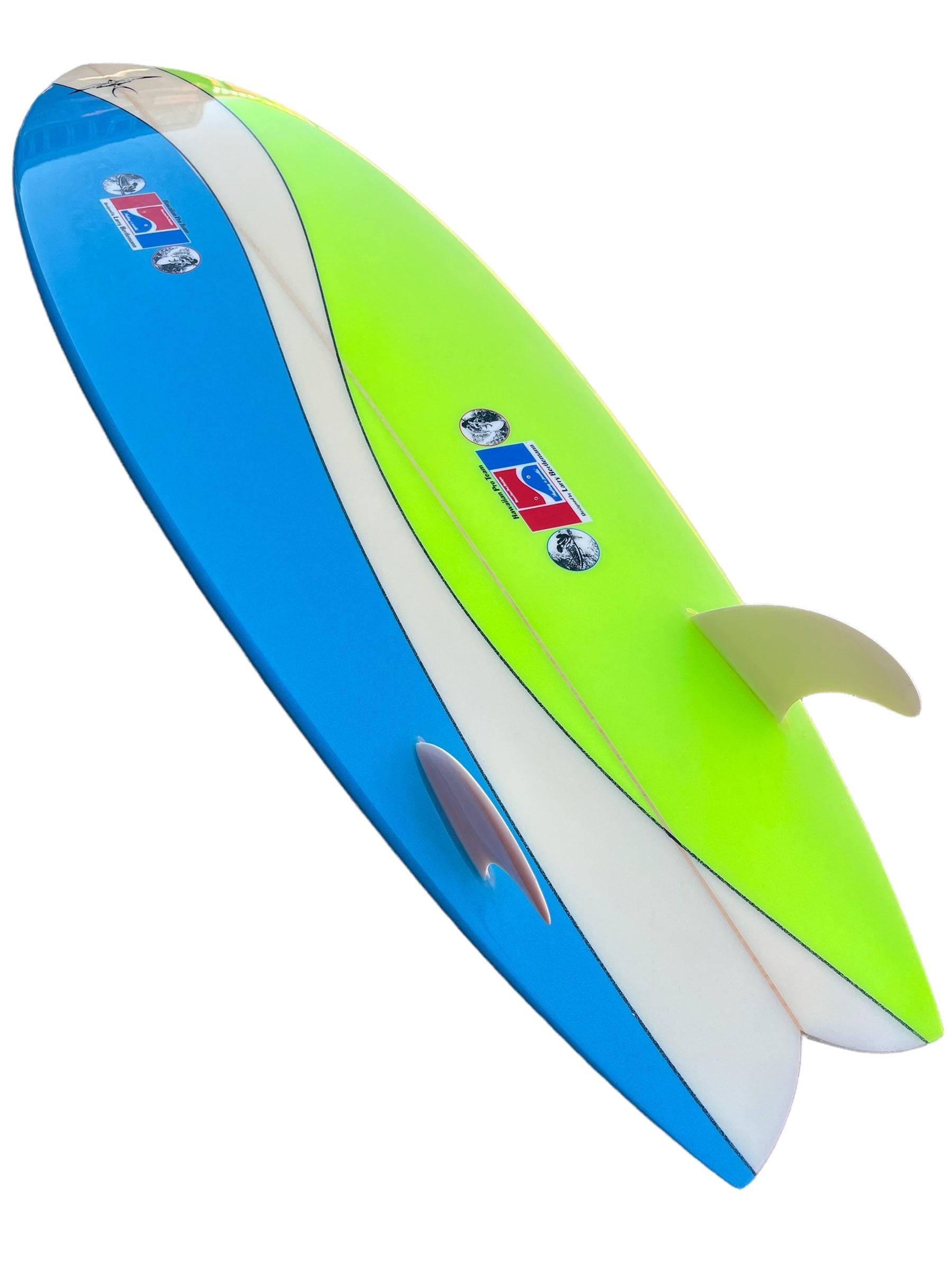 2001 Larry Bertlemann Hawaiian Pro Team 5’6 twin-fin shortboard. Hand shaped by the late Donald Takayama (1943-2012). Features a beautiful bright blue/neon yellow airbrush design with glass-on on twin fin setup. Iconic Larry Bertlemann laminates
