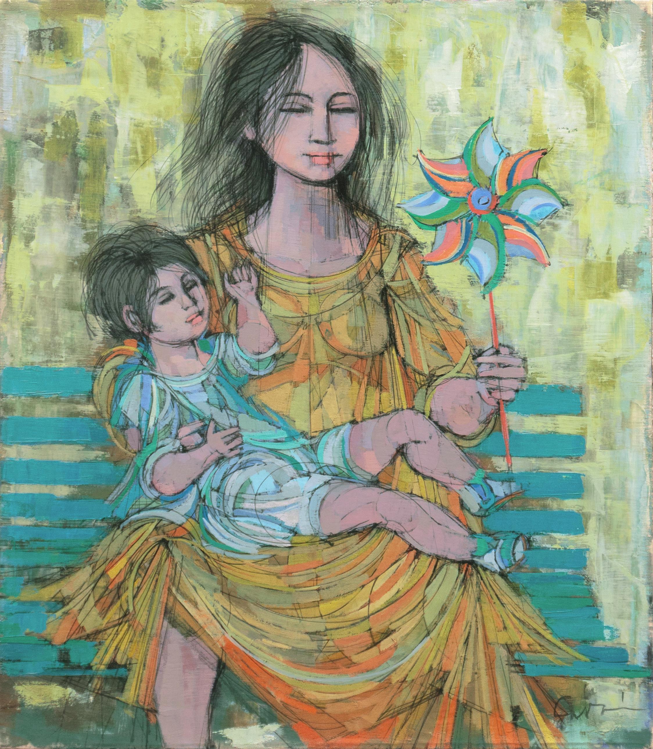 Larry Cabaniss Figurative Painting – „Mutter und Kind mit Regenbogenrad“, Paris, Rom, New York, AIC, Chicago