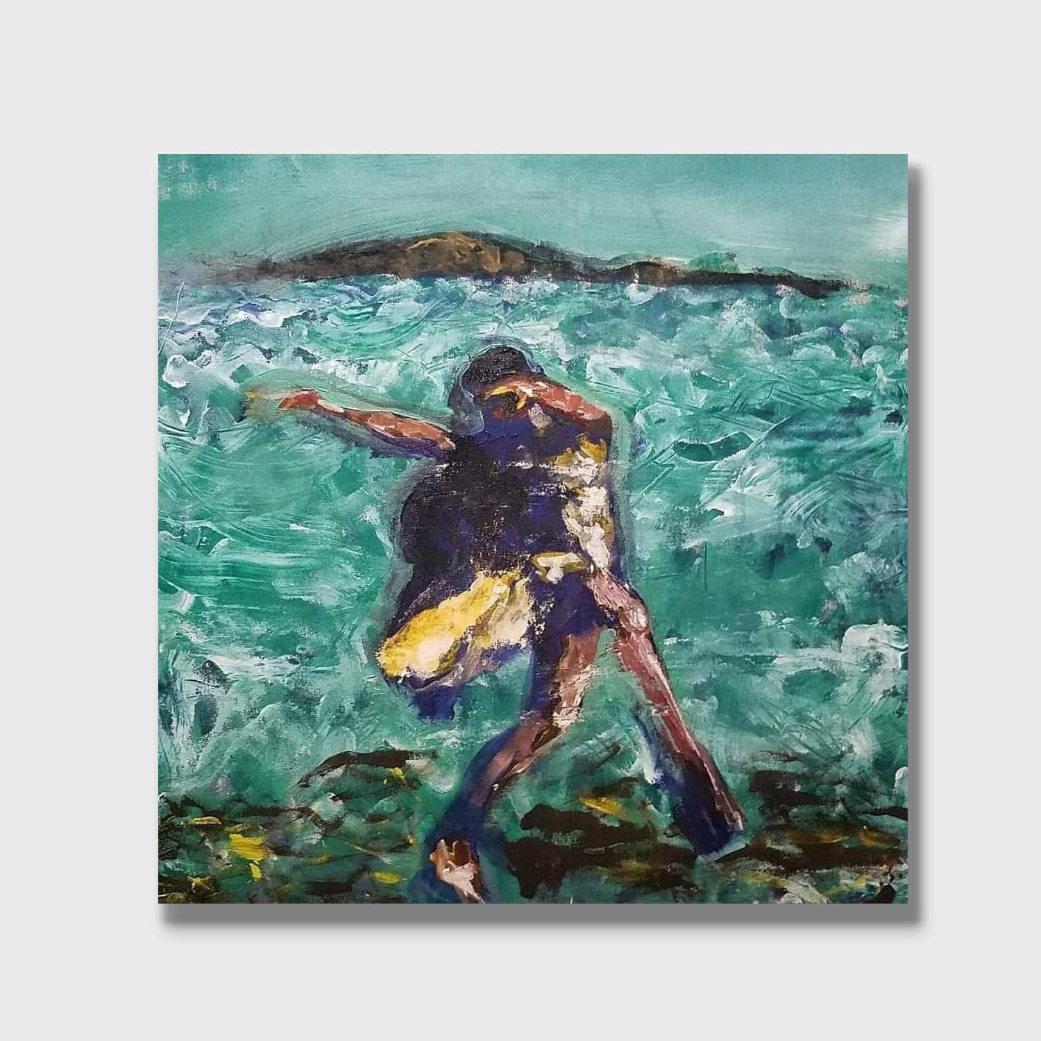 Larry Caveney Figurative Painting - A Pop Expressionist Acrylic on Canvas Painting, "Isadora Duncan On the Beach"