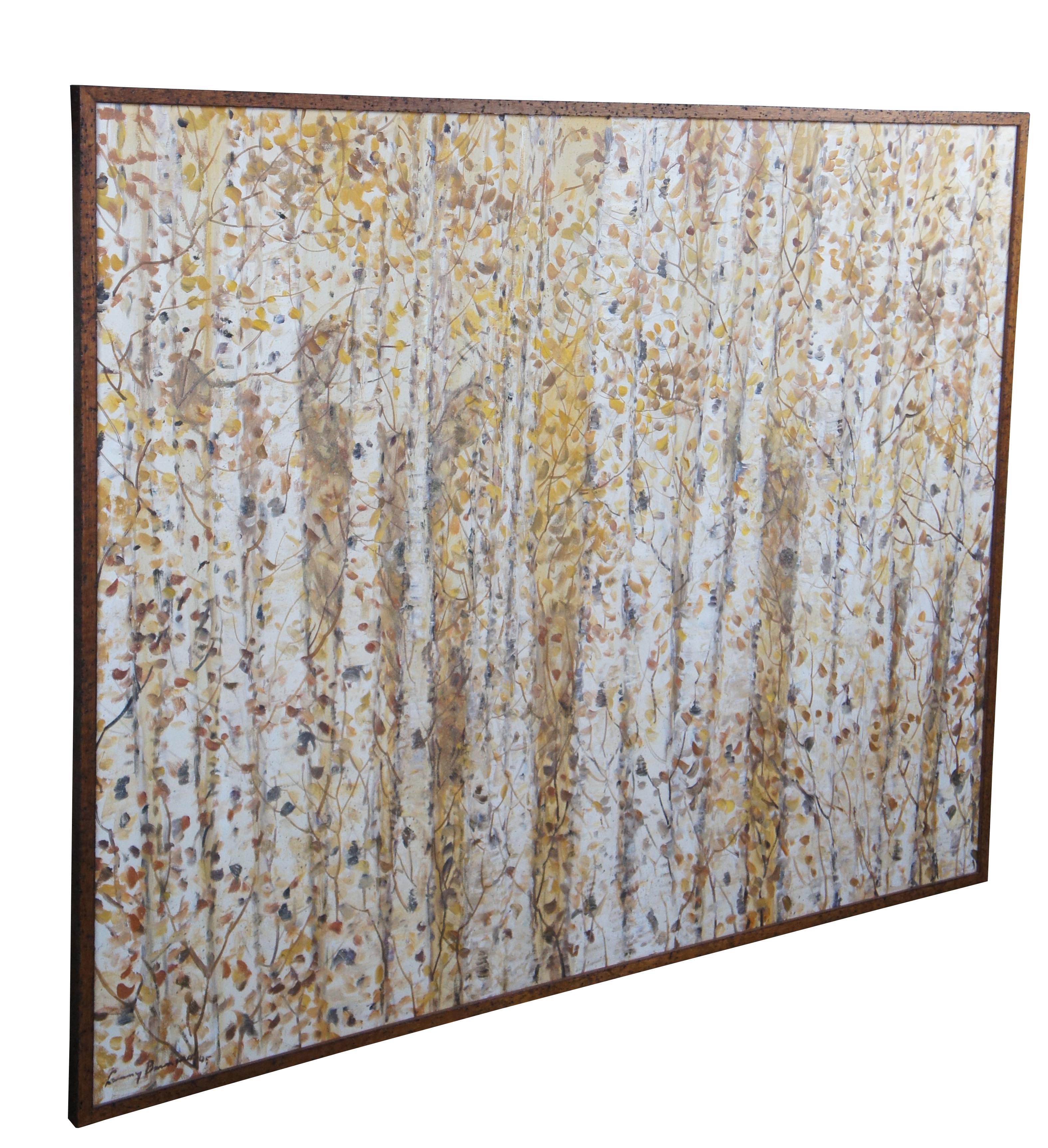 'Deer in the Aspens' 
by
Larry Dean.
Acrylin on Canvas, Signed Lower Right 

The painting showcases three deer in a fall forest setting.  The deer are hiding behind the vibrant Aspen Trees.  Framed in a distressed wood frame 

Larry Dean
Born in
